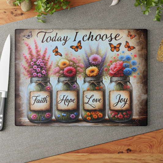 Hoy elijo: Fe, Esperanza, Amor, Alegría. Tabla de cortar rústica en tarro de cristal. Decoración floral vintage.
