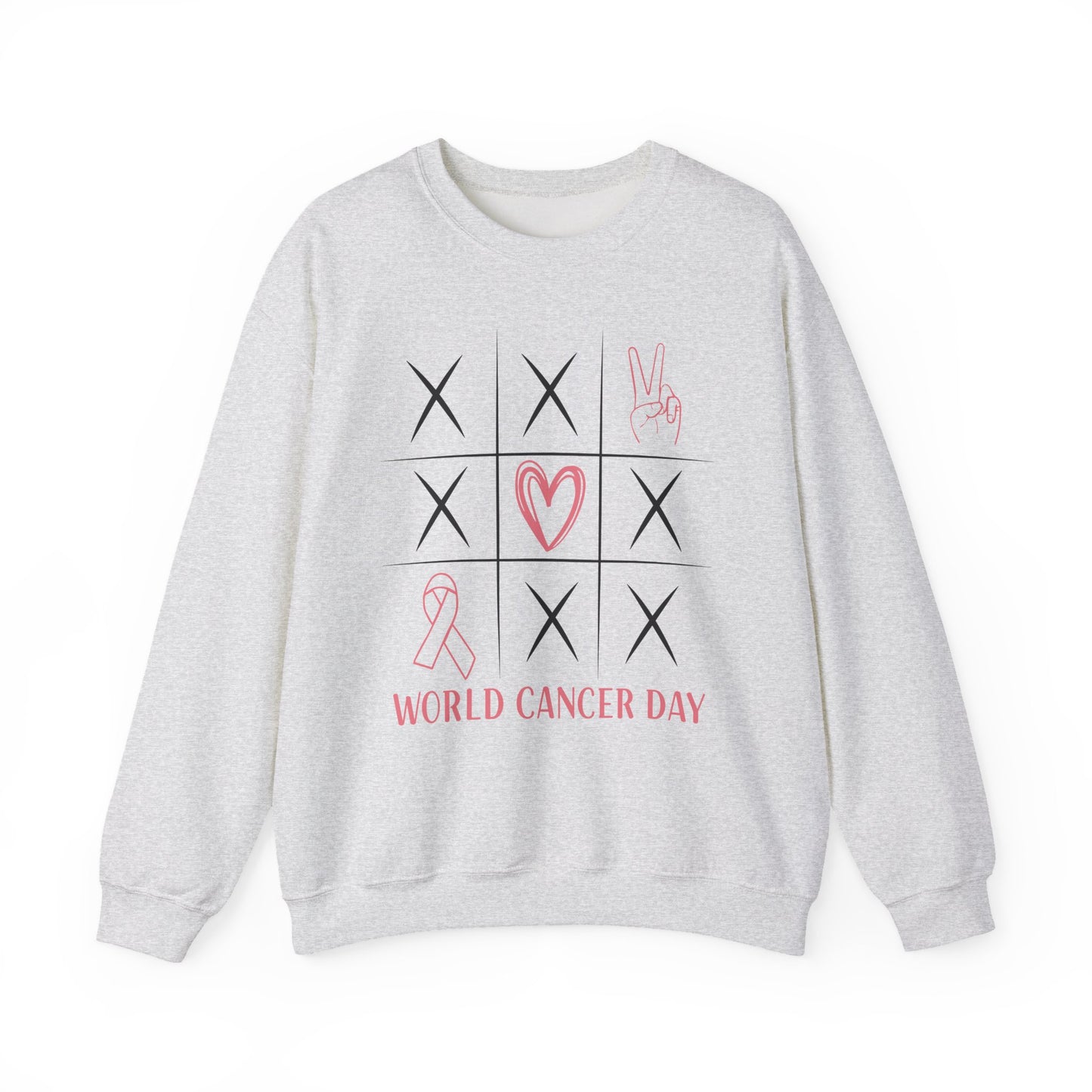 🌍🎗️ World Cancer Day Sweatshirt – Awareness Tic-Tac-Toe Heart & Ribbon