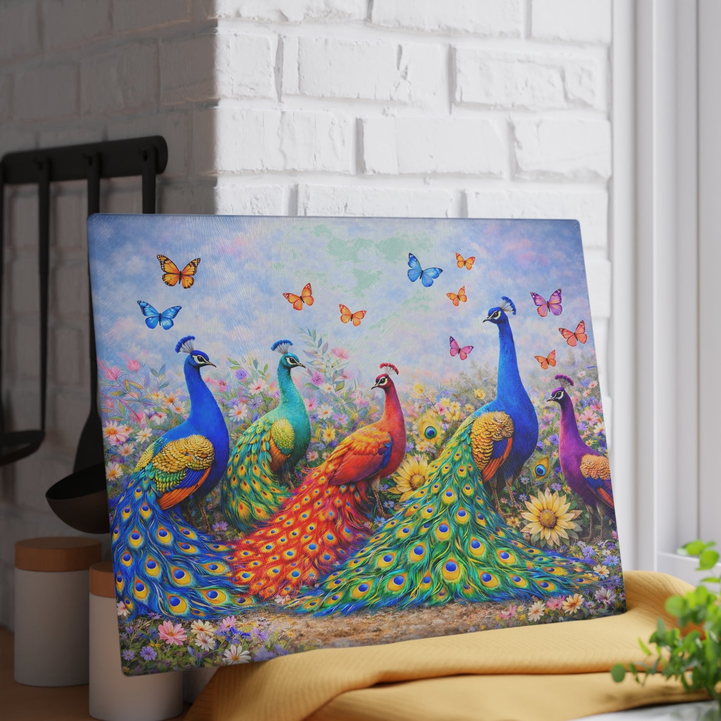 Peacock Glass Cutting Board – Elegant Nature-Inspired Kitchen Accent