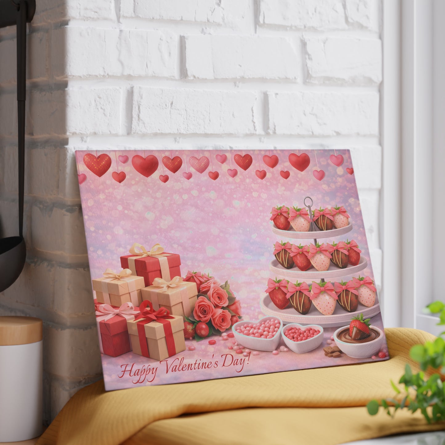 Chocolate-Covered Strawberry Valentine Glass Cutting Board – Personalized Romantic Dessert Display