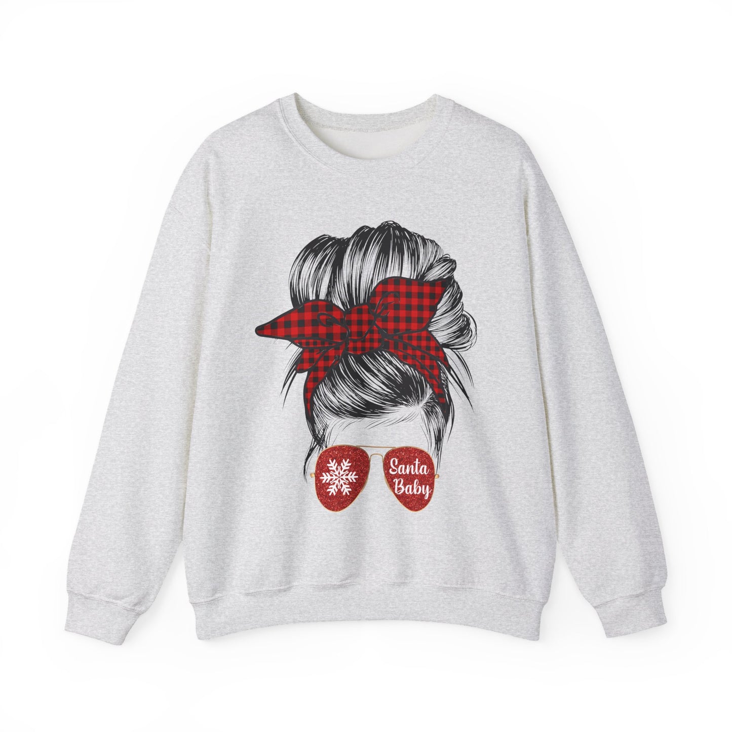 🎅✨ Santa Baby Buffalo Plaid Hair Bun Sweatshirt – Festive Holiday Vibes ❤️🖤