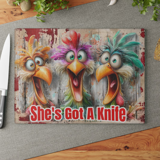 She’s Got a Knife Funny Chicken Glass Cutting Board – Colorful Farmhouse Kitchen Humor