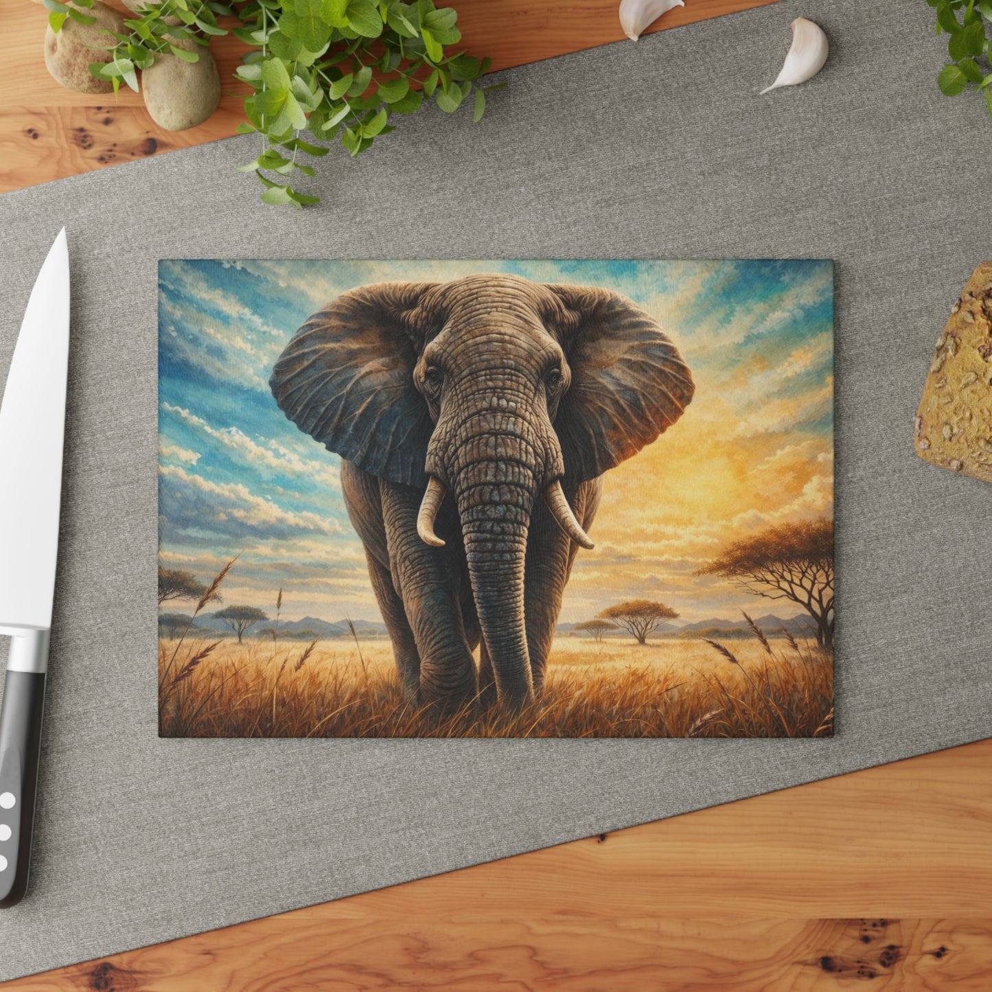 Savanna Guardian Elephant Glass Cutting Board – Dramatic Wildlife Sunset Kitchen Art