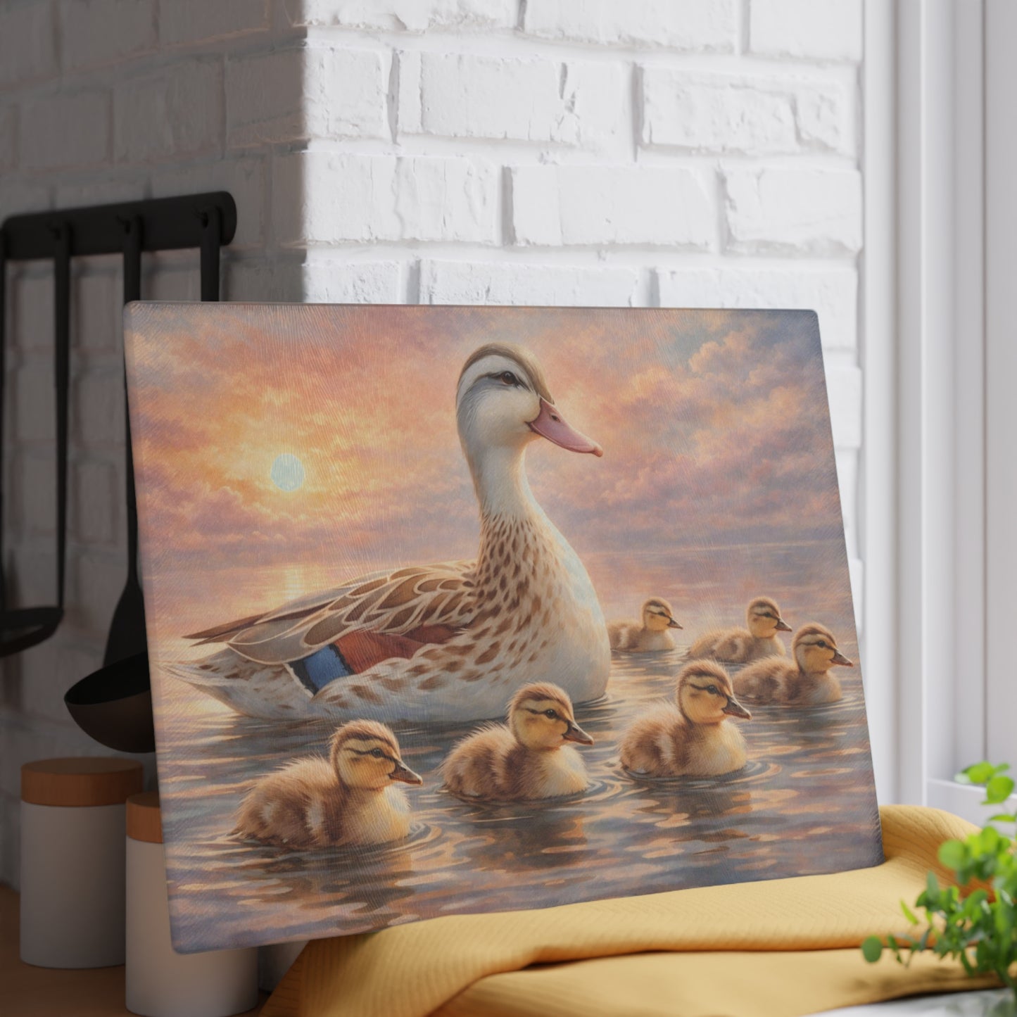 Duck Family Sunset Lake Glass Cutting Board – Peaceful Wildlife Nature Kitchen Art