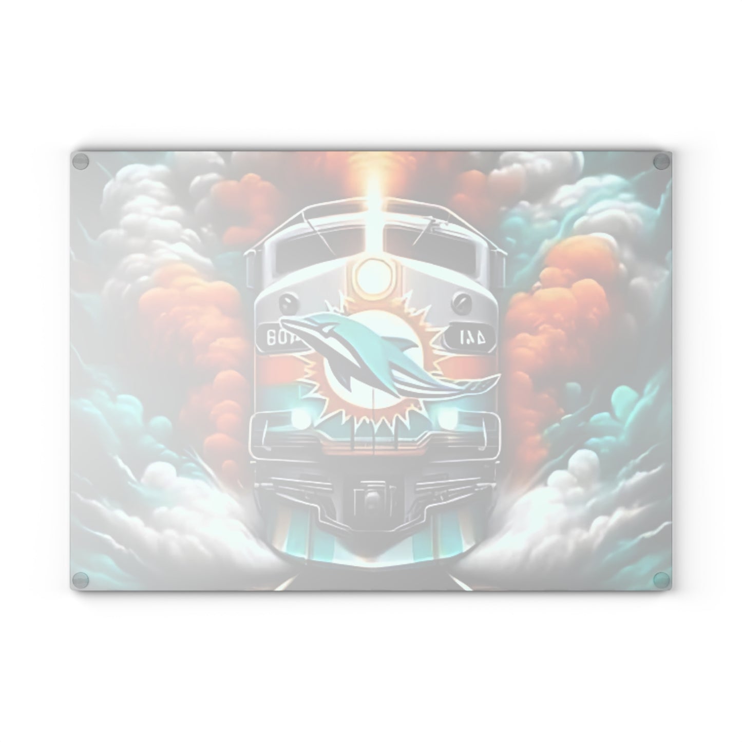 Teal & Orange Express Glass Cutting Board – Tropical Train Design for Vibrant Kitchens