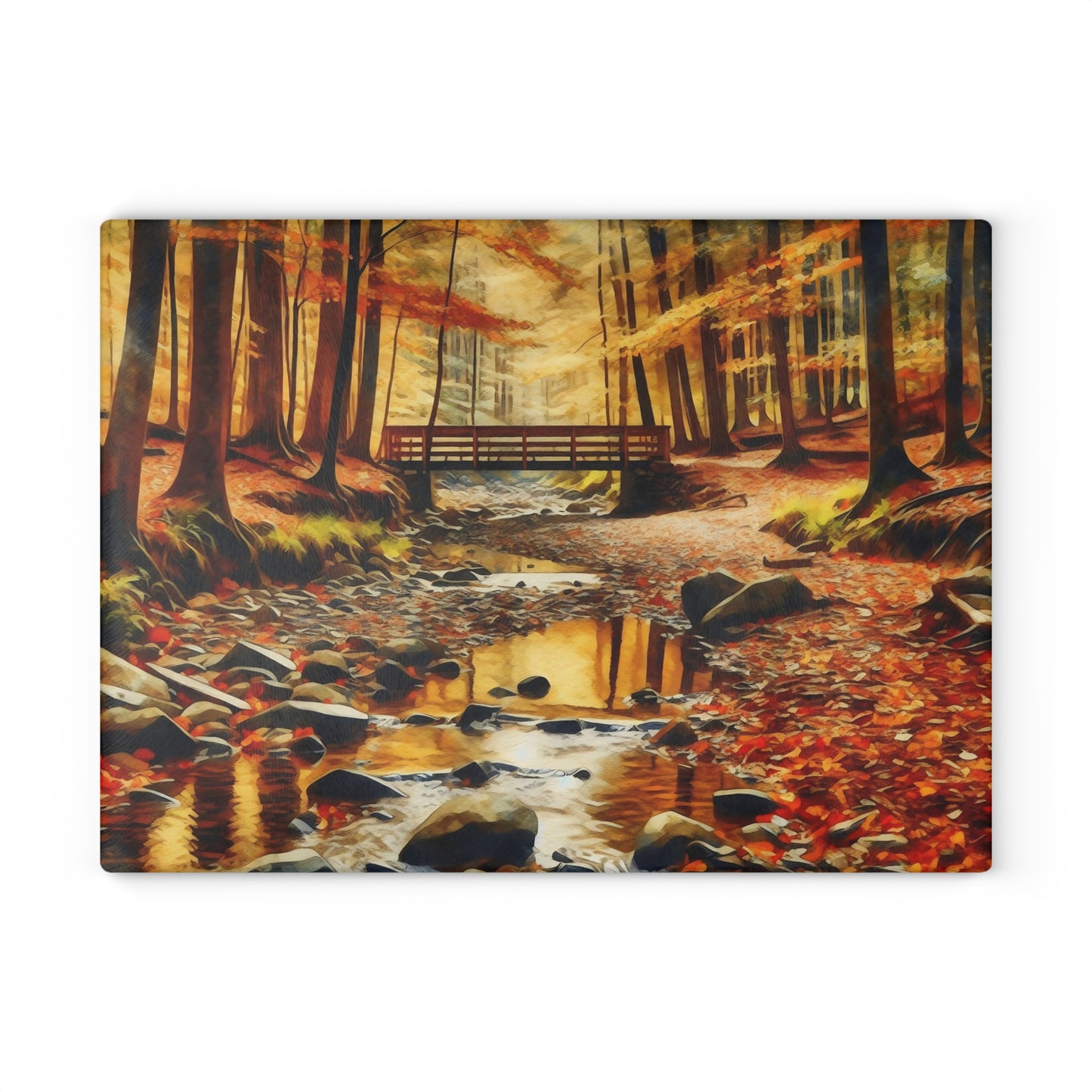 🌉🍁 Autumn Forest Bridge Cutting Board – Tranquil Trails & Fall Reflections for Your Kitchen