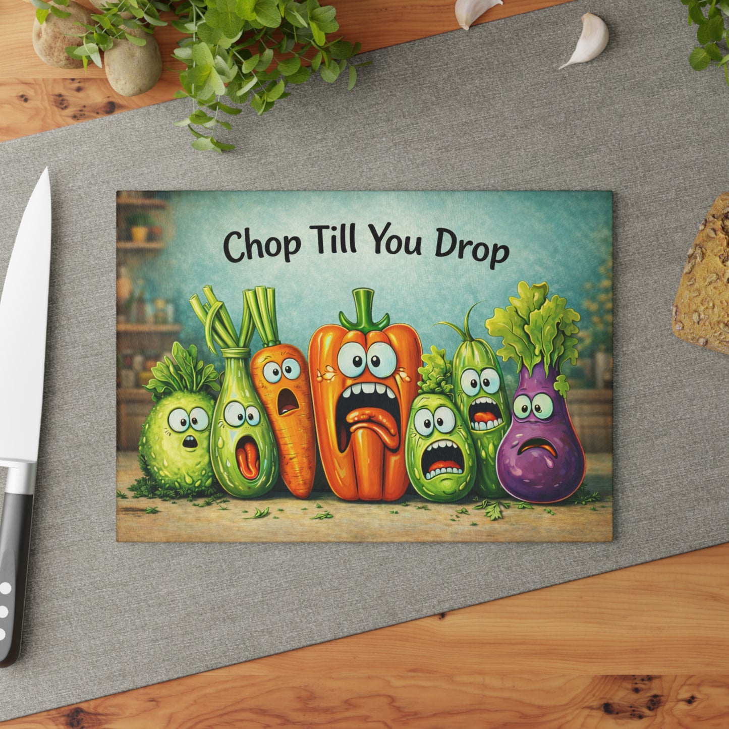 Chop Till You Drop Glass Cutting Board – Funny Vegetable Kitchen Decor with Playful Personality