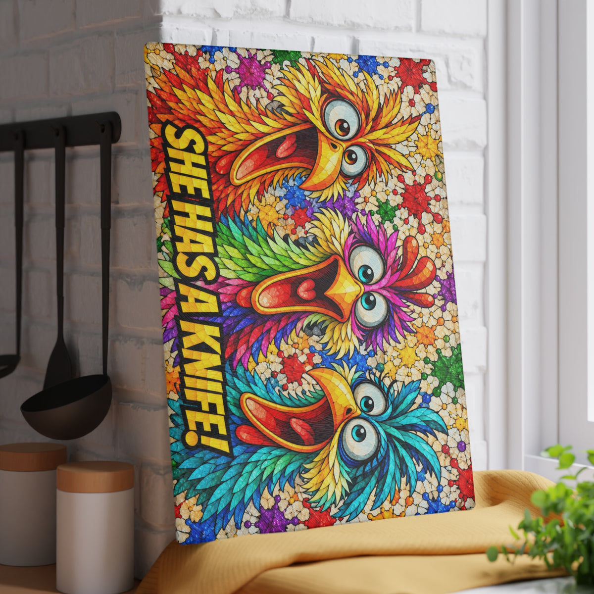 She Has a Knife! Funny Colorful Birds Stained-Glass-Inspired Glass Cutting Board