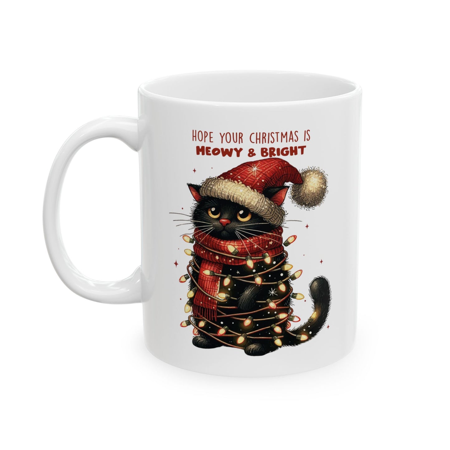 🐾🎄 Meowy & Bright Cat Christmas Mug – Festive Black Cat with Lights & Sass 🎅✨