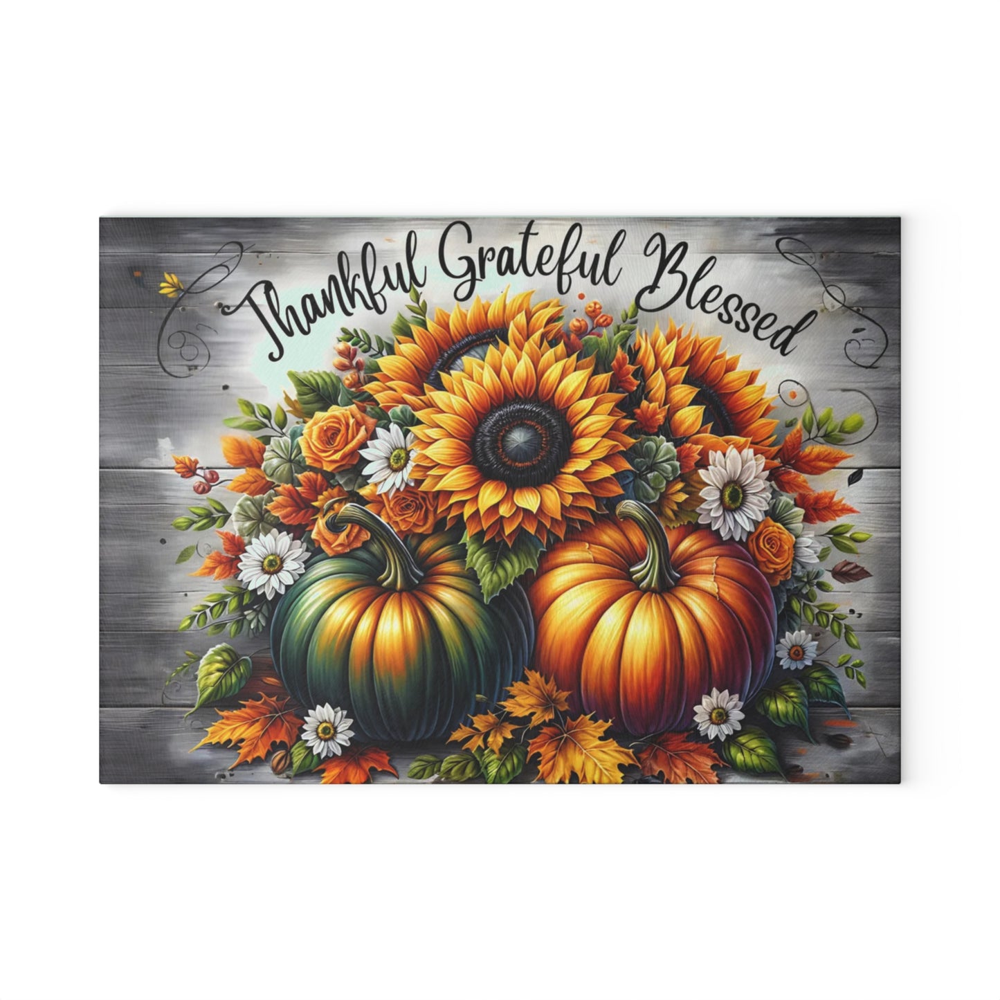 🍂🌻 “Thankful • Grateful • Blessed” Glass Cutting Board – Harvest Glow for Your Kitchen