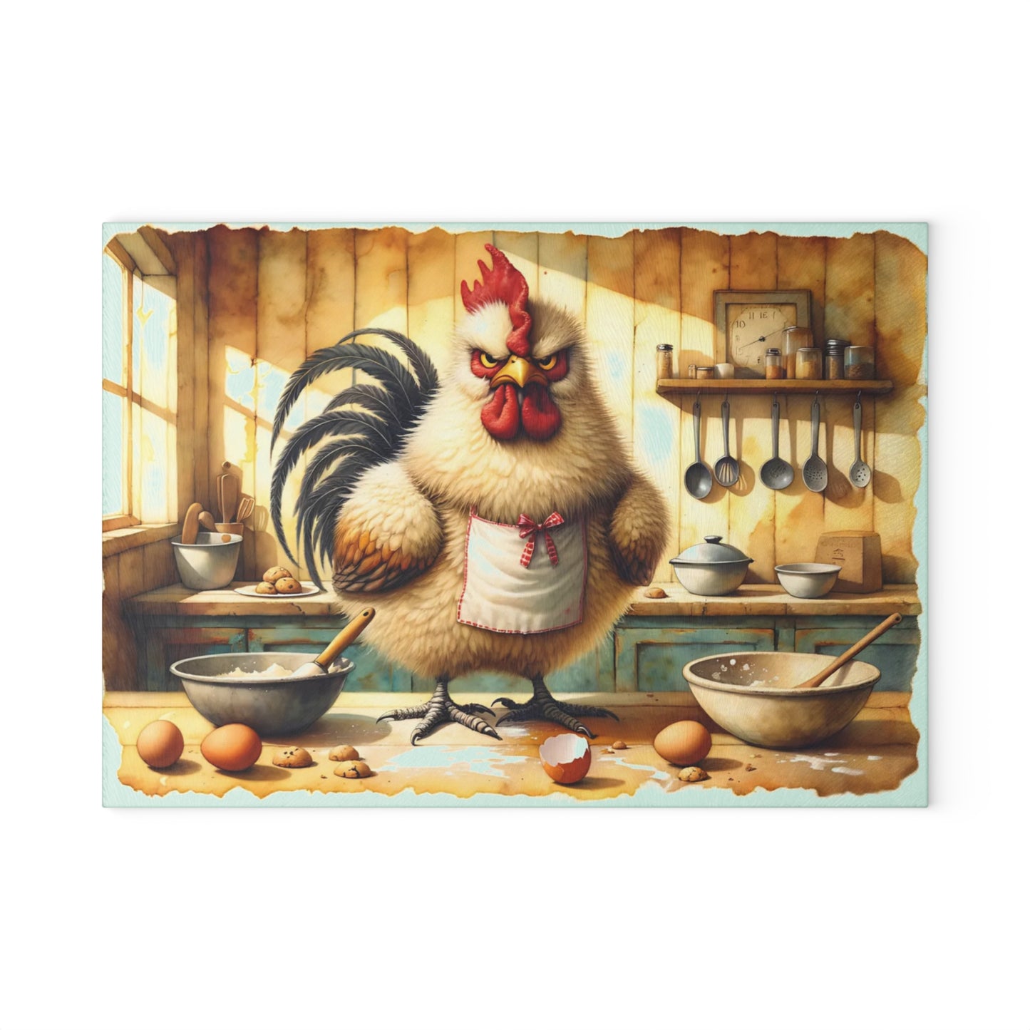 🐓🍪 “Grumpy Baker Rooster” Glass Cutting Board – Cozy Laughs for Your Kitchen
