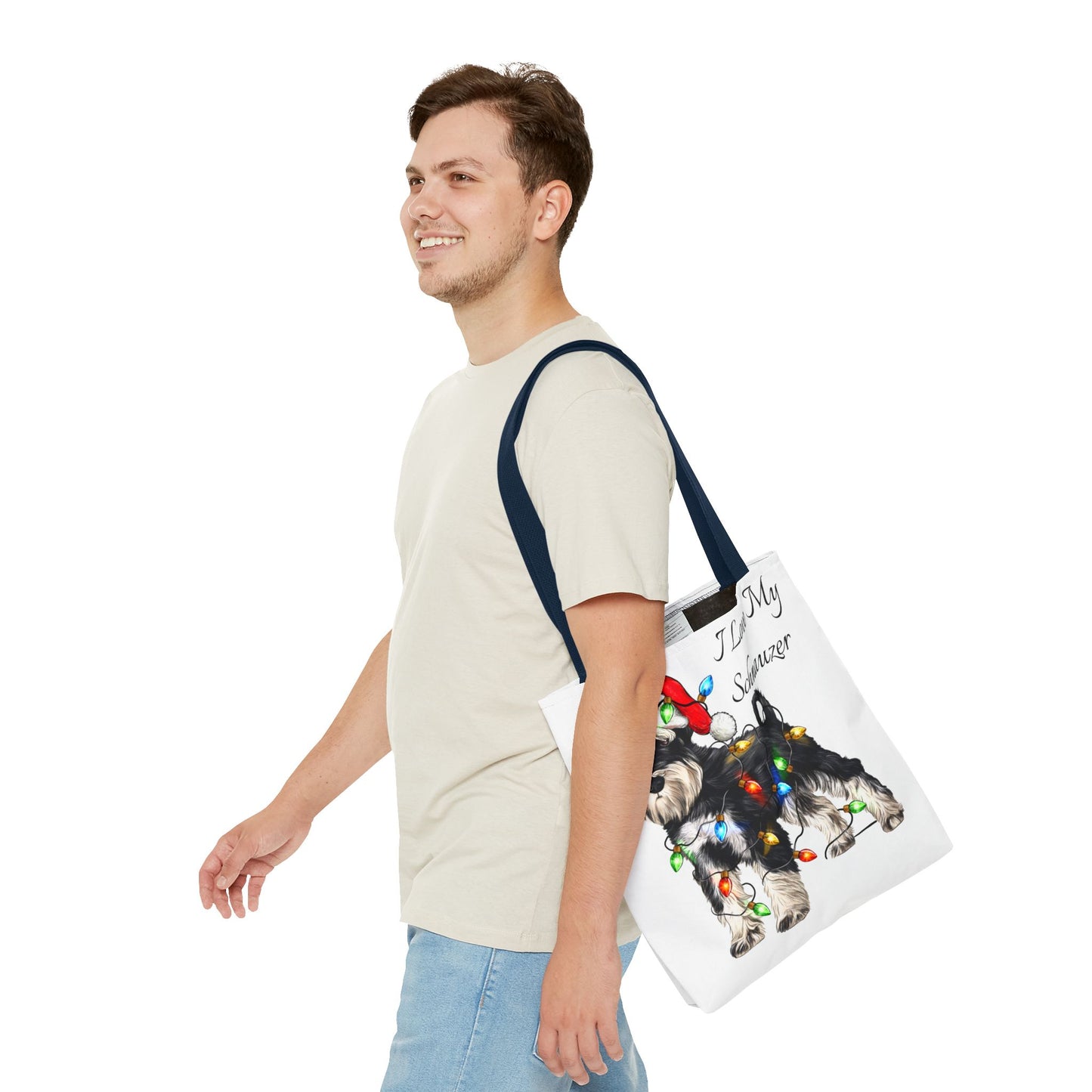 🎄 I Love My Schnauzer Tote Bag – Christmas Lights & Holiday Woofs 🐾