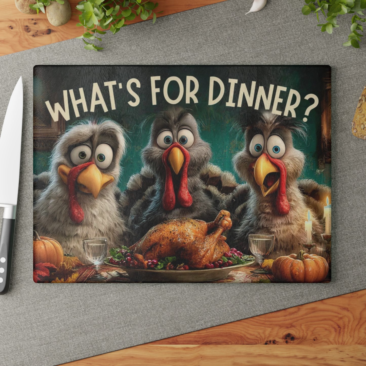 🦃🥔 “Dinner Time Surprise” Glass Cutting Board – Playful Rustic Kitchen Décor