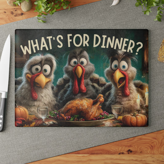 🦃🥔 “Dinner Time Surprise” Glass Cutting Board – Playful Rustic Kitchen Décor