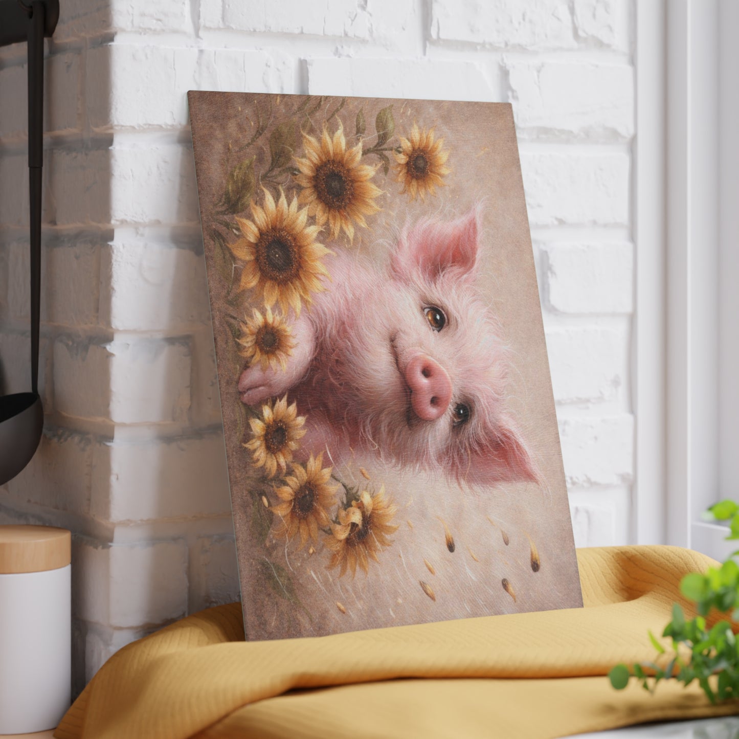 Sunflower Pig Glass Cutting Board – Cozy Farmhouse Kitchen Decor