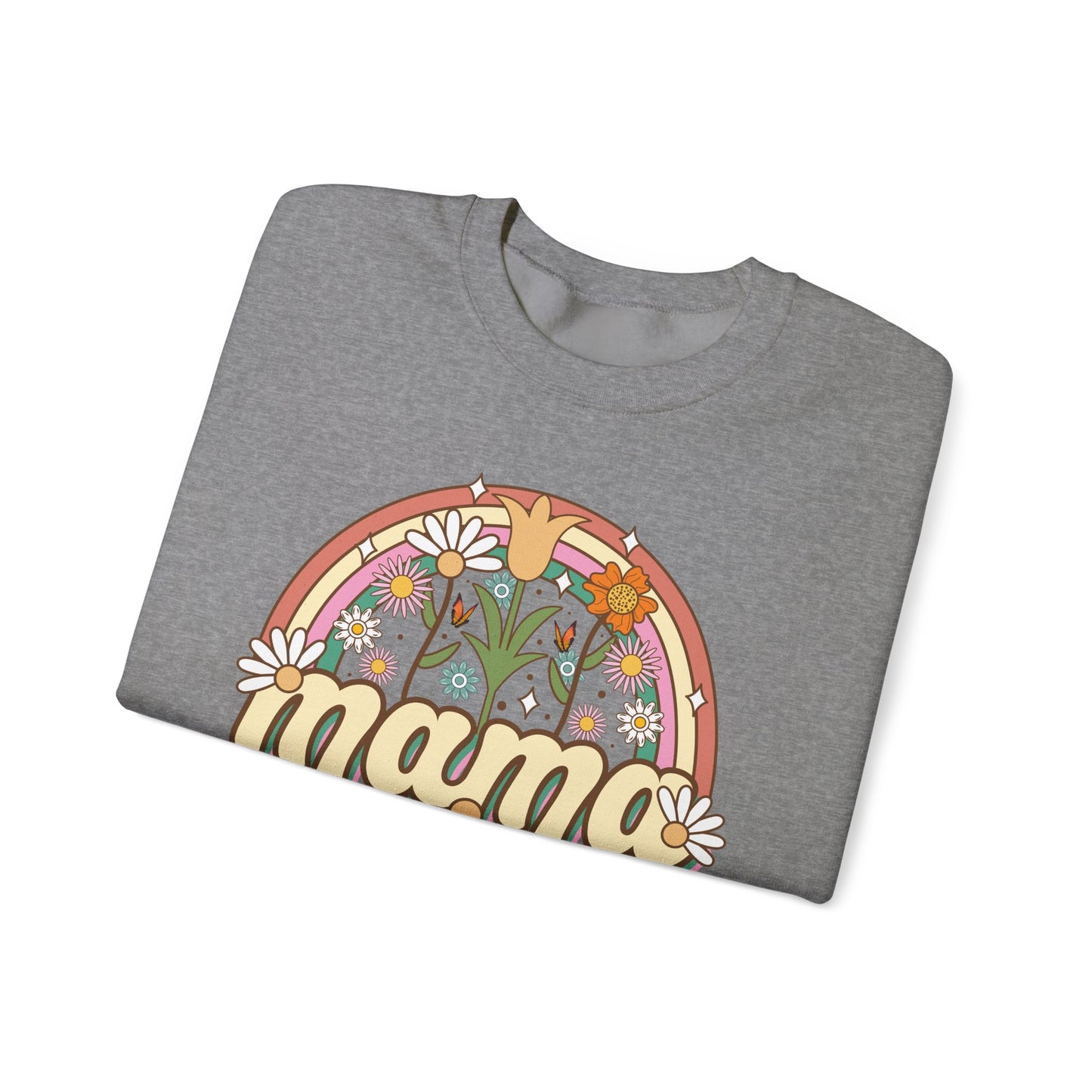 🌼🌈 Retro Floral Mama Sweatshirt – Vintage Rainbow Daisy Mom Crewneck
