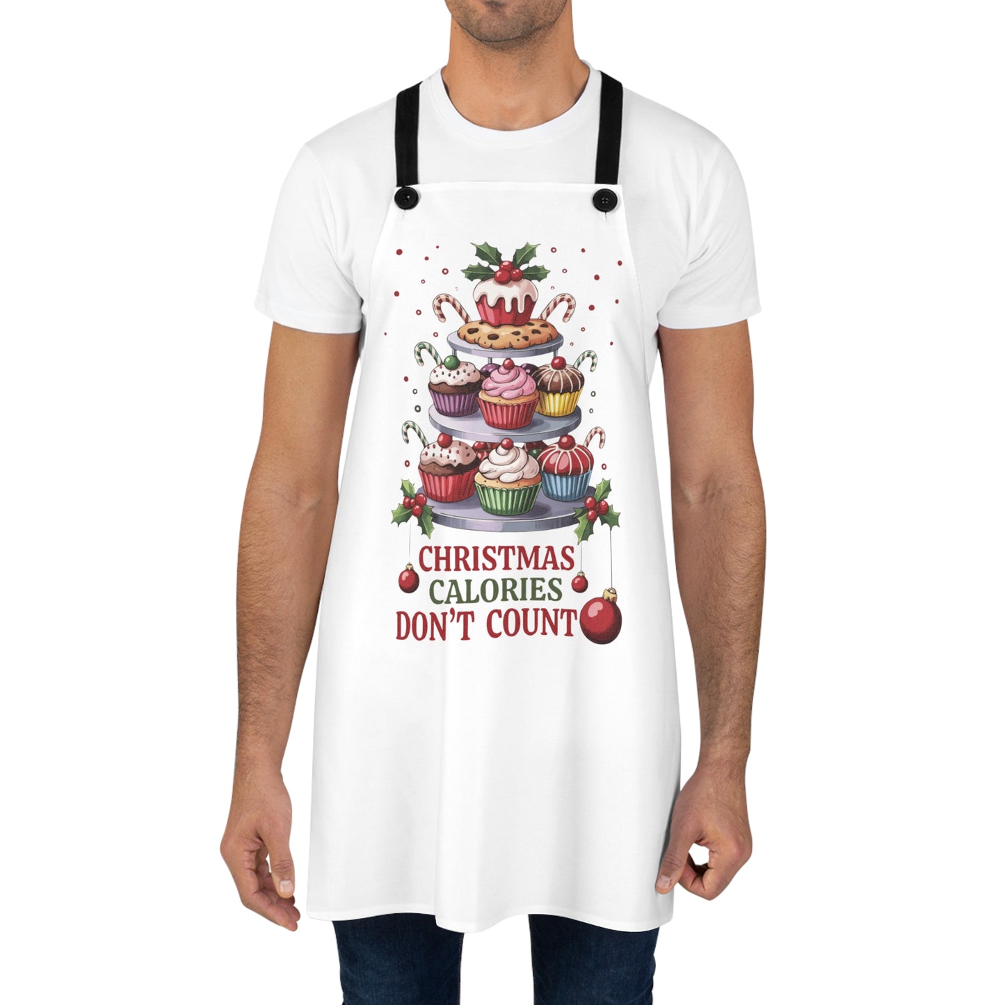 🎄🧁 “Christmas Calories Don’t Count” Holiday Baking Apron – Cupcake Tower Cheer