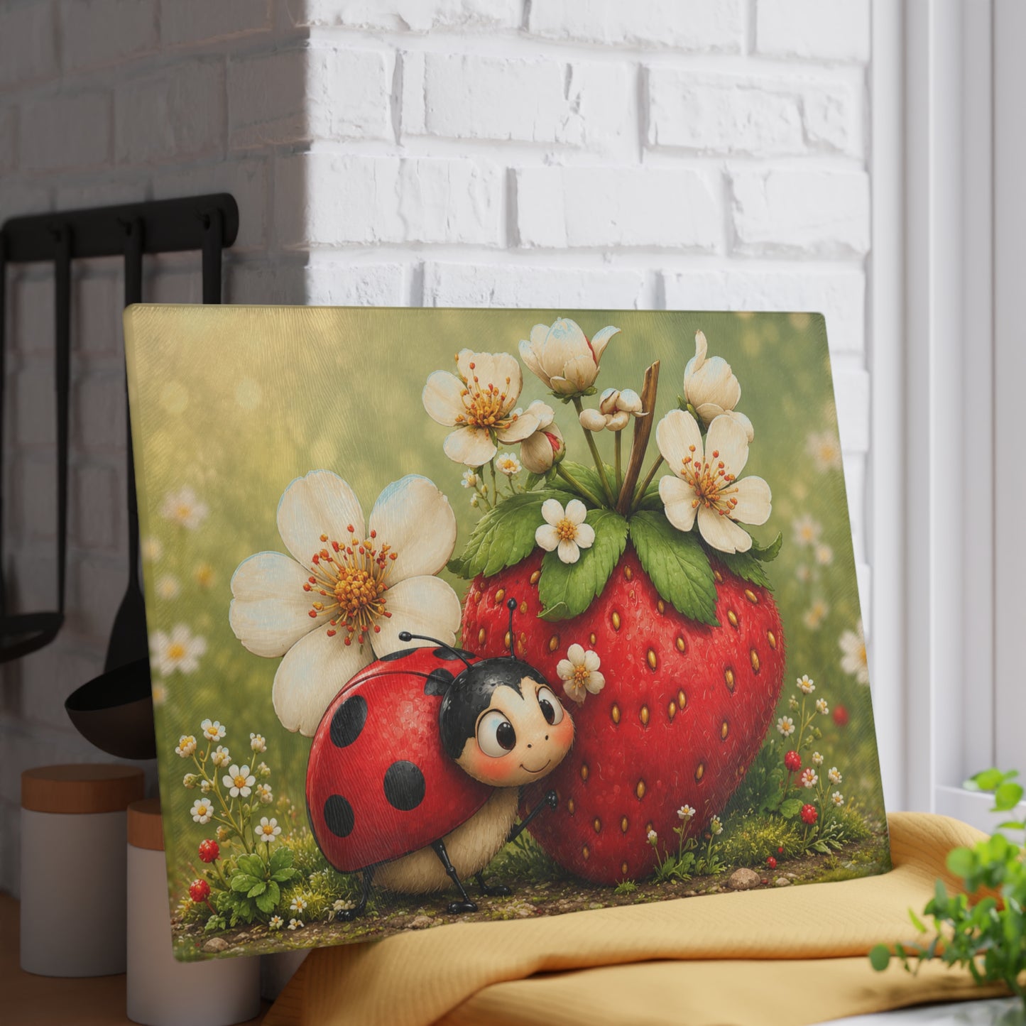 Ladybug & Strawberry Glass Cutting Board – Whimsical Garden Artwork with Sweet Spring Charm