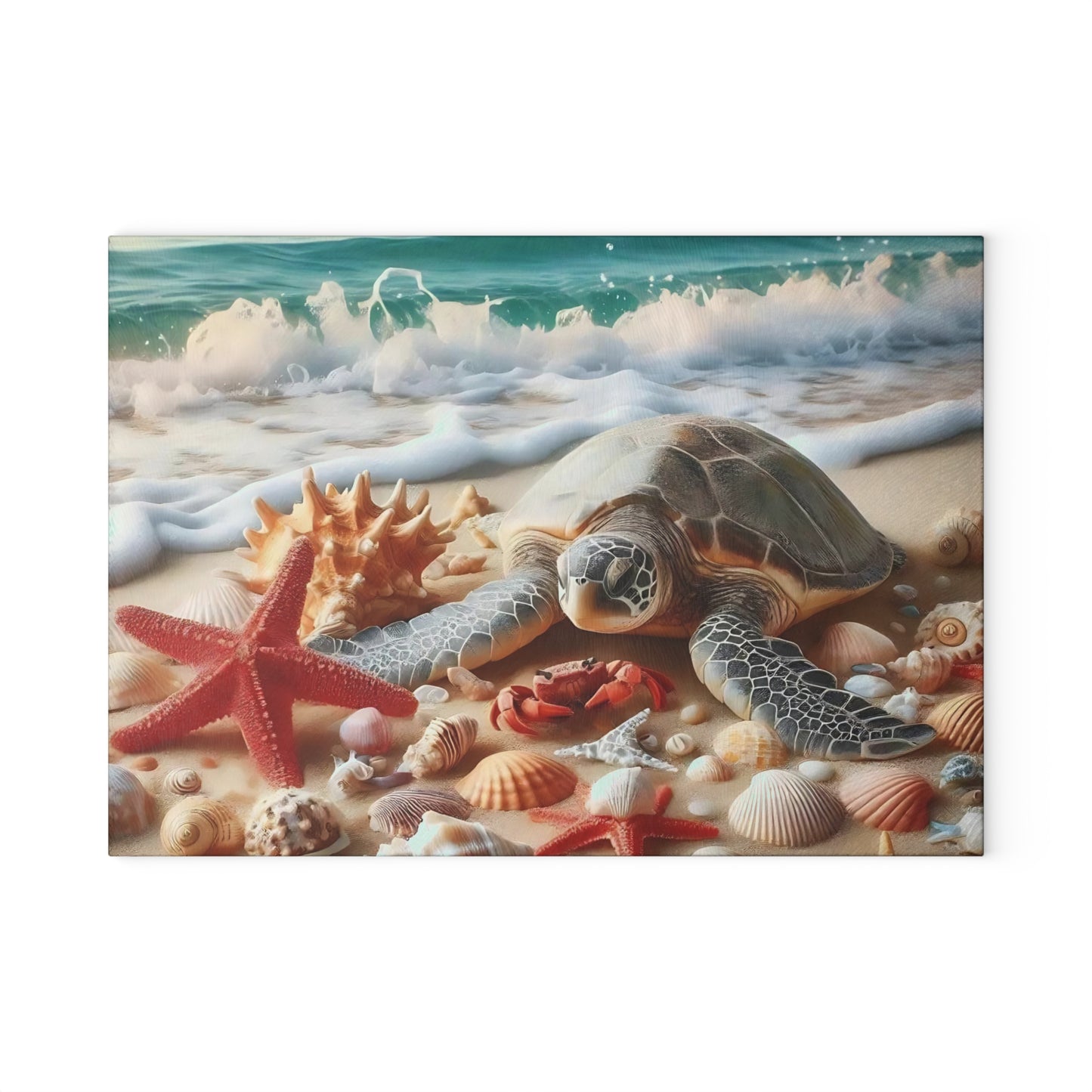 Tabla de cortar de vidrio costera con diseño de tortuga marina y conchas: arte inspirado en el océano para cocinas de playa