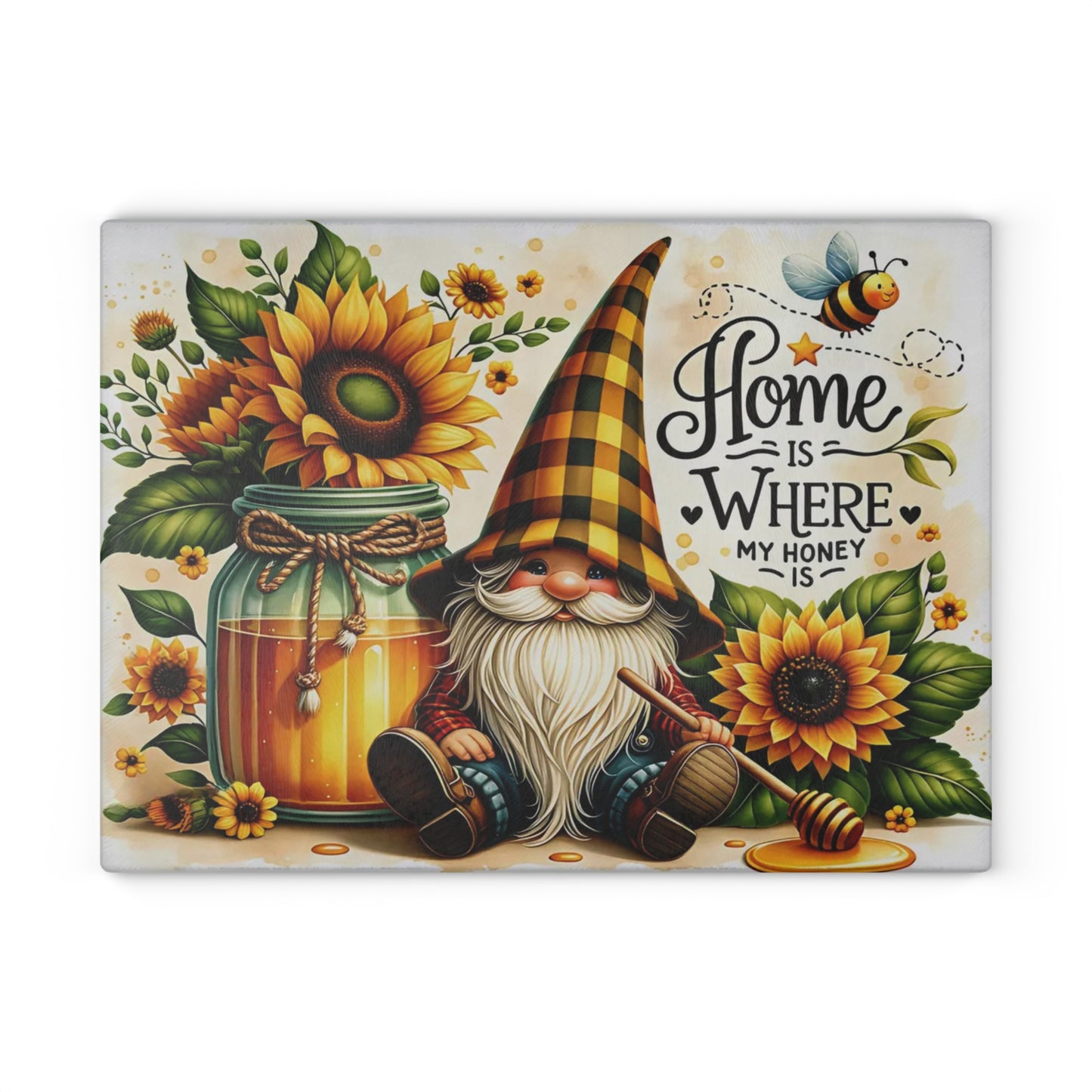 🐝🌻 “Sunny Honey Gnome” Glass Cutting Board – Warm Country Charm for Your Kitchen