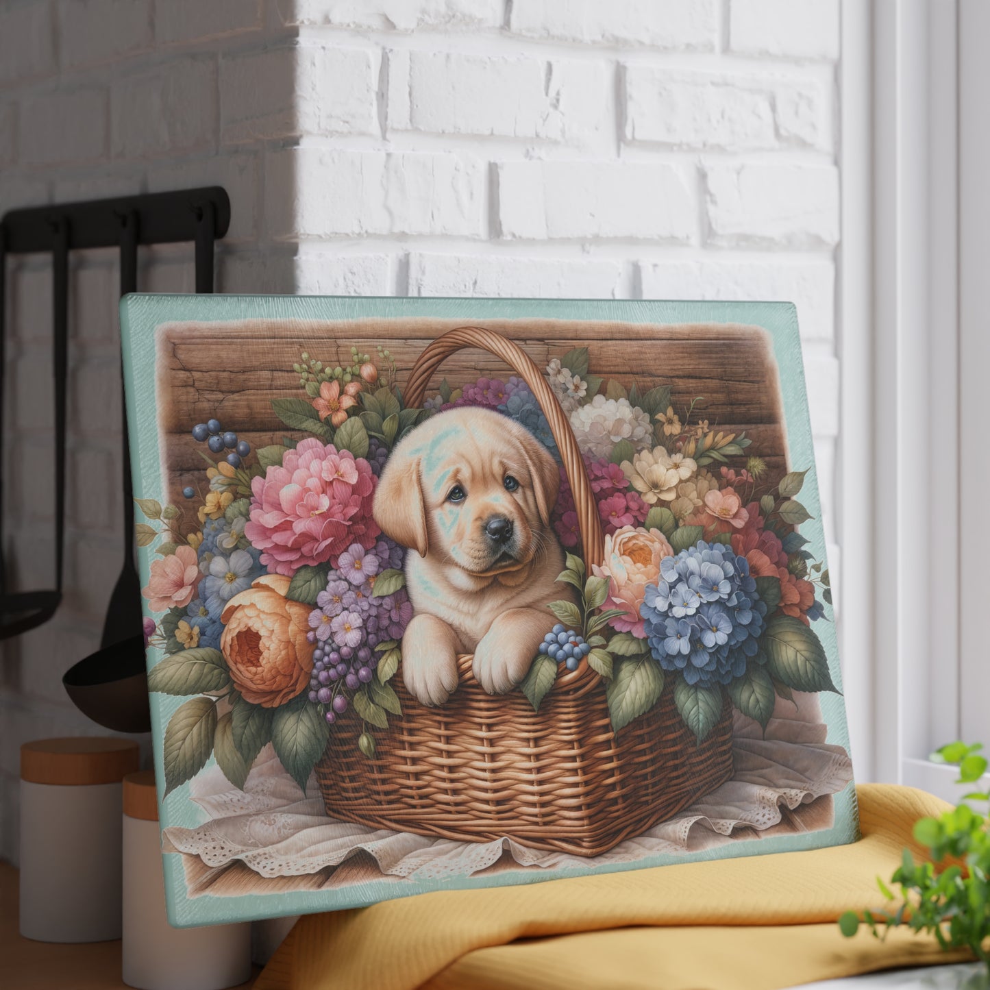 🐾🌸 Light Wood Basket Labrador Puppy Cutting Board – Classic Elegance with Floral Charm 🌼