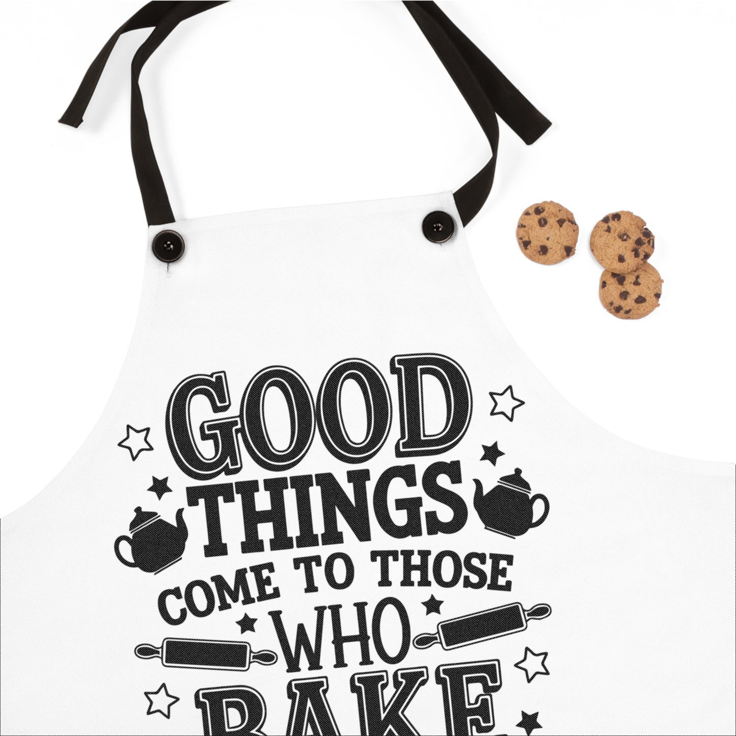 Delantal “A los que hornean les llegan las cosas buenas”: perfecto para los amantes de la repostería y los creativos en la cocina.