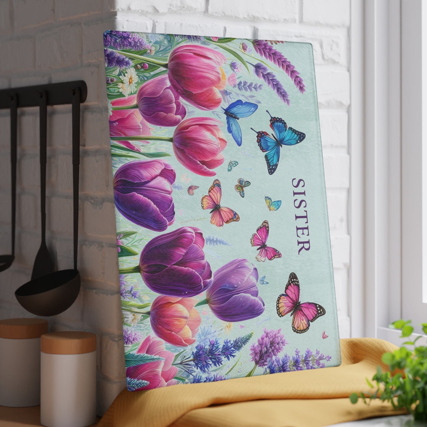 🦋 Sister Butterfly & Tulip Cutting Board – Floral Elegance for Her Kitchen 🌷