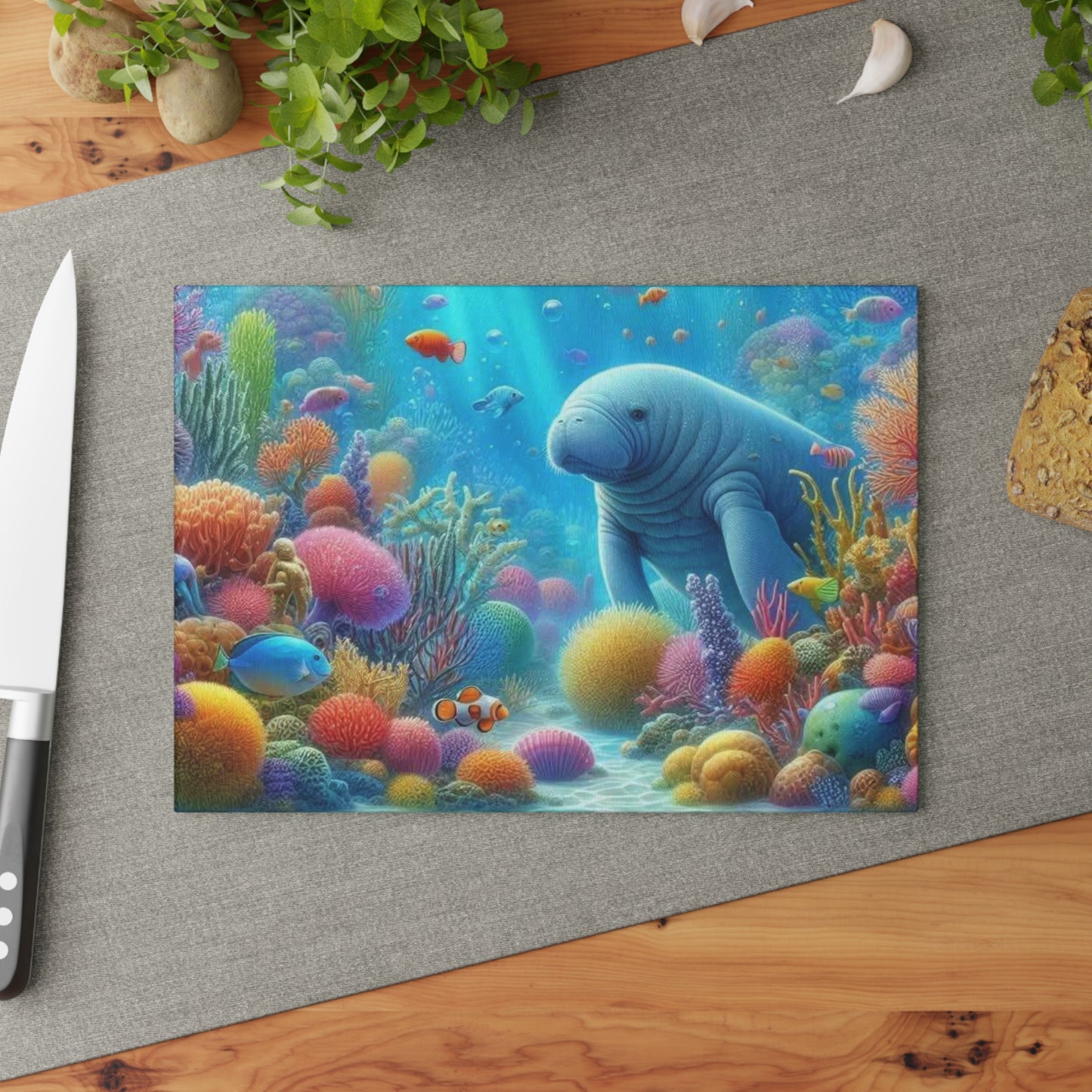 Manatee Cutting Board Textured Glass Florida Spring Kitchen Decor Coastal Home Gift Beach Housewarming Manatee Lover Sea Life Art Nautical
