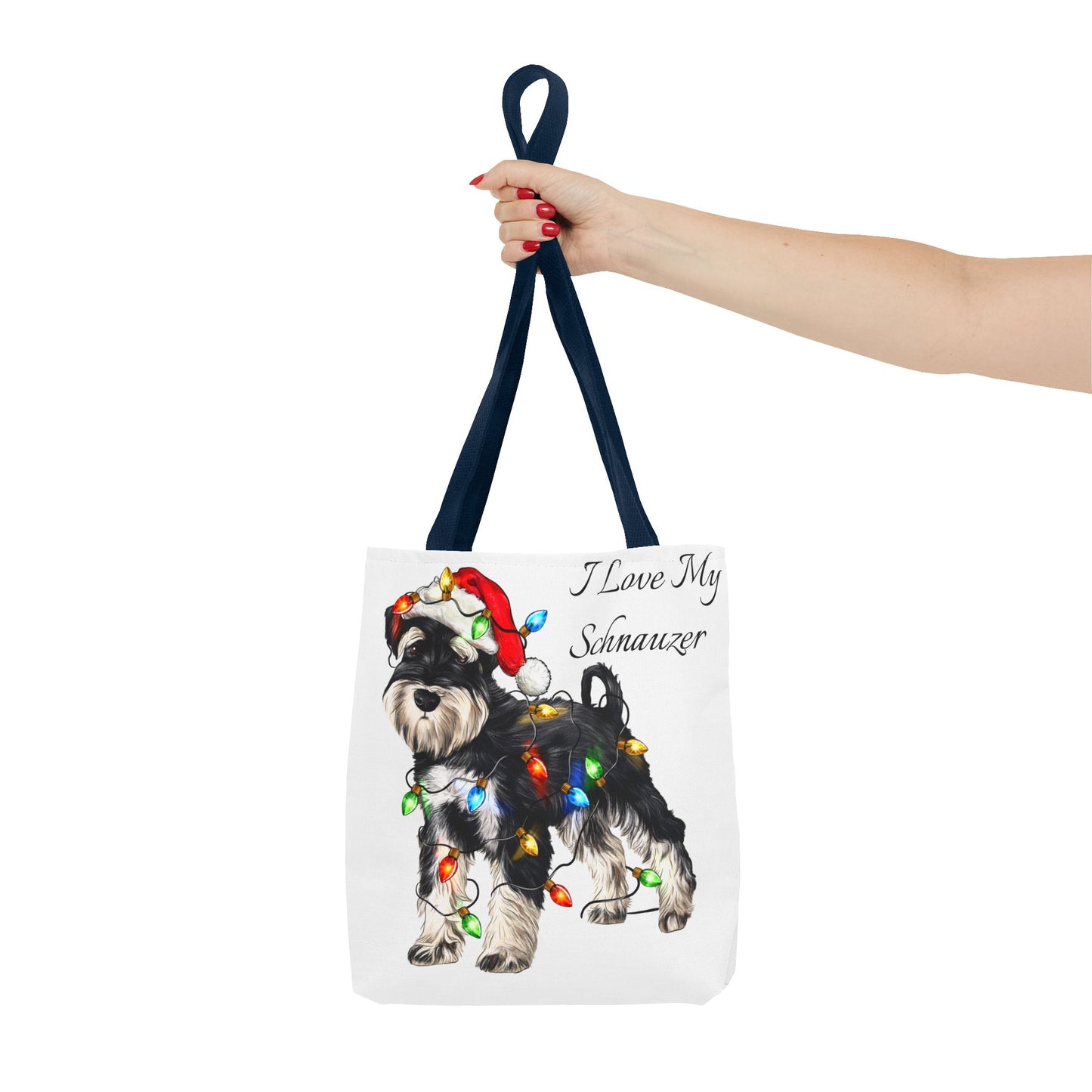 🎄 I Love My Schnauzer Tote Bag – Christmas Lights & Holiday Woofs 🐾