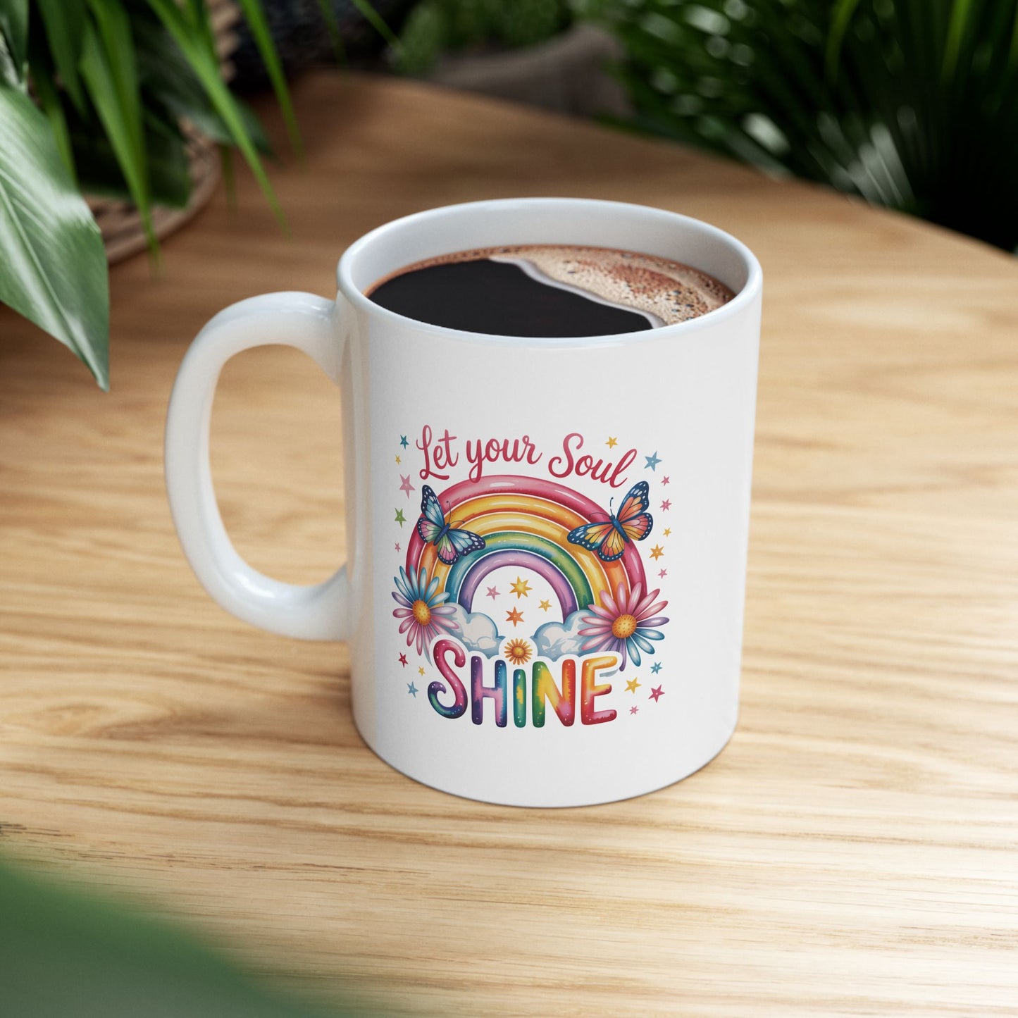 Taza motivacional arcoíris "Deja que tu alma brille"