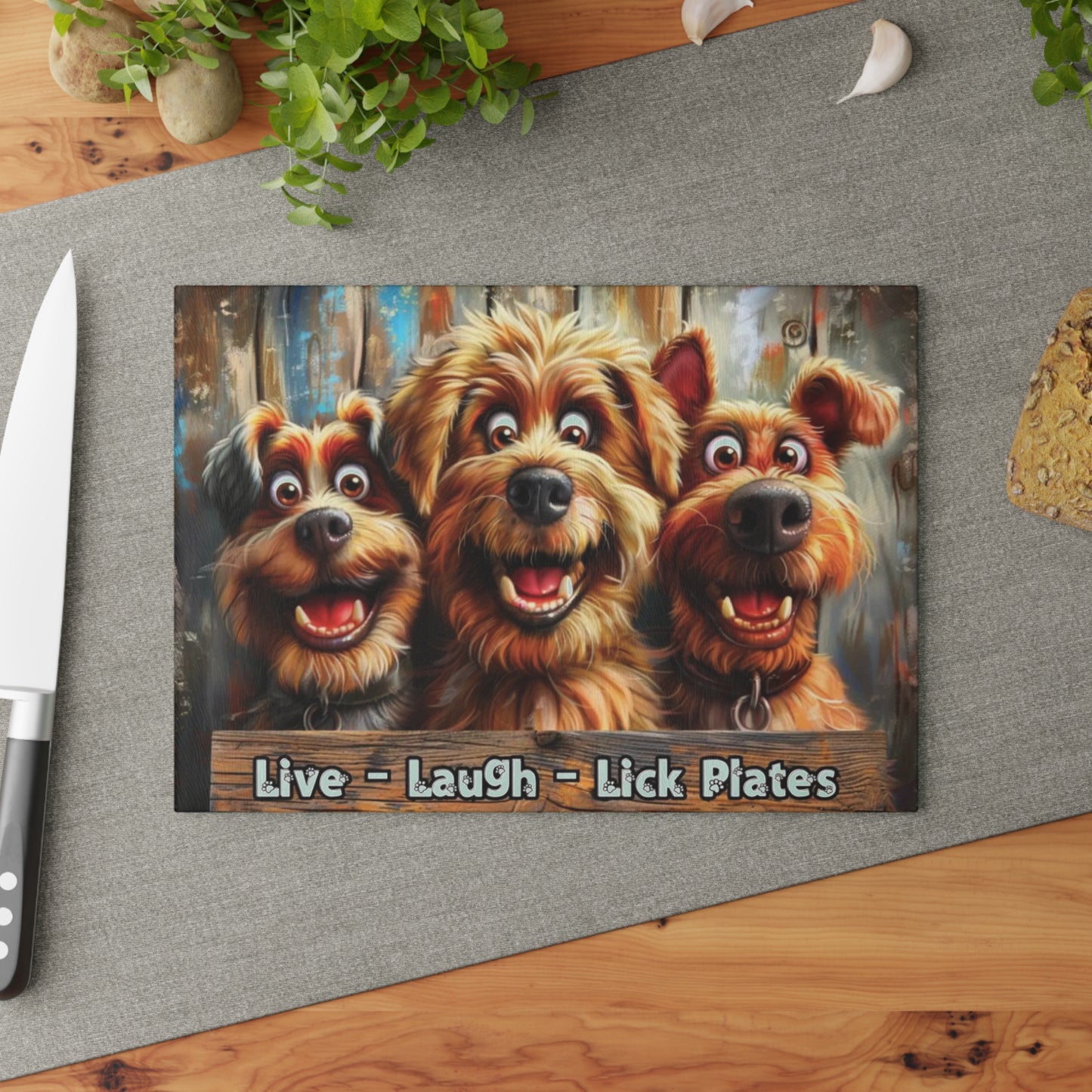 🐾🐕 “Happy Pups Kitchen Board” Glass Cutting Board – Cheerful Decorative Kitchen Accent