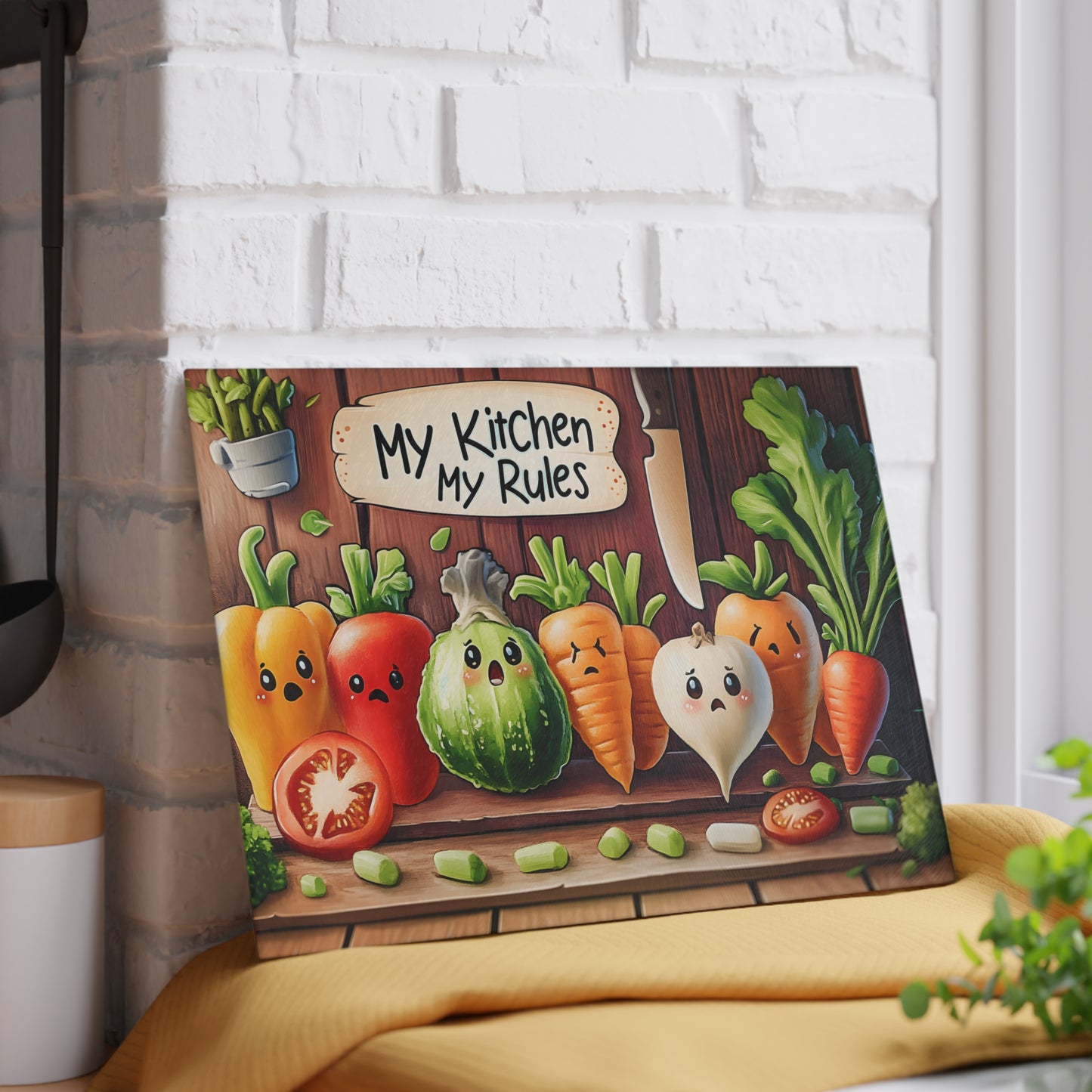 Tabla de cortar de vidrio “Mi cocina, mis reglas” – Verduras asustadas y humor de cocina atrevido