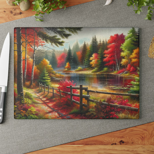 🍂 Autumn Lake Path Cutting Board – Tranquil Forest Beauty for Your Fall Kitchen
