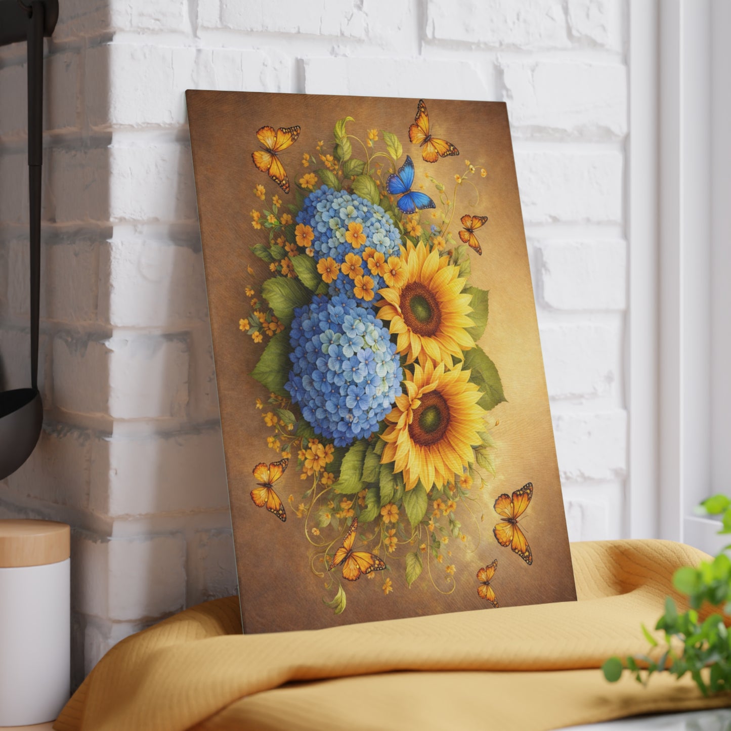 Sunflower & Hydrangea Butterfly Glass Cutting Board – Bright Floral Garden Kitchen Display