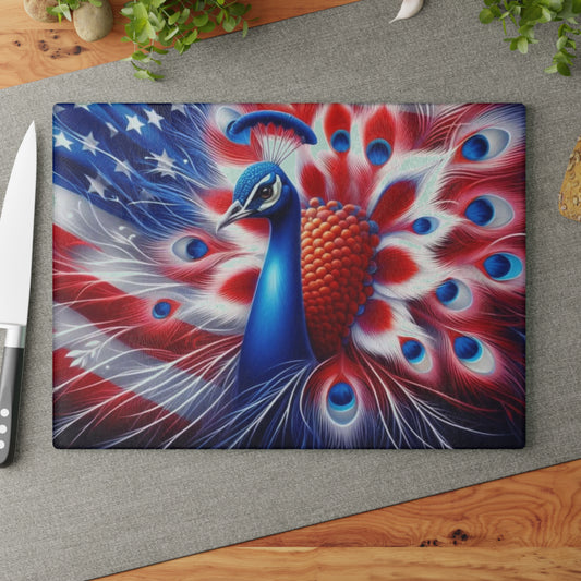 Tabla de cortar de vidrio con diseño de pavo real patriótico del 4 de julio: ¡roja, blanca y hermosa!
