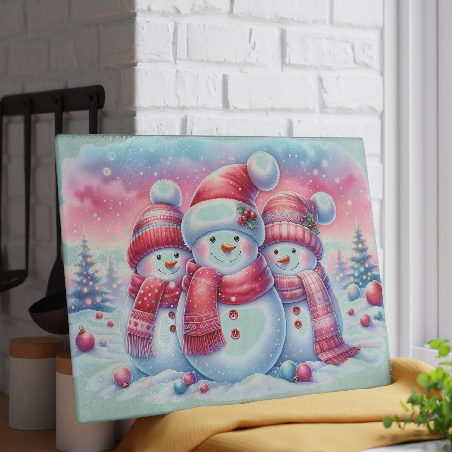 ⛄️🎀 “Pink Scarf Snowman Trio” Glass Cutting Board – Cozy Charm for Your Kitchen
