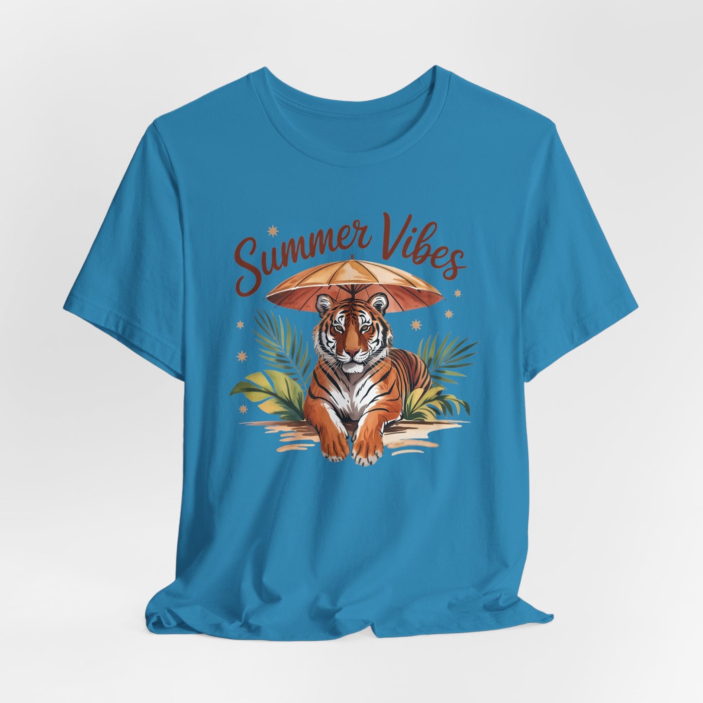 Camiseta Summer Vibes Tiger – Gráfico de palmeras de la selva con paraguas | Múltiples opciones de color