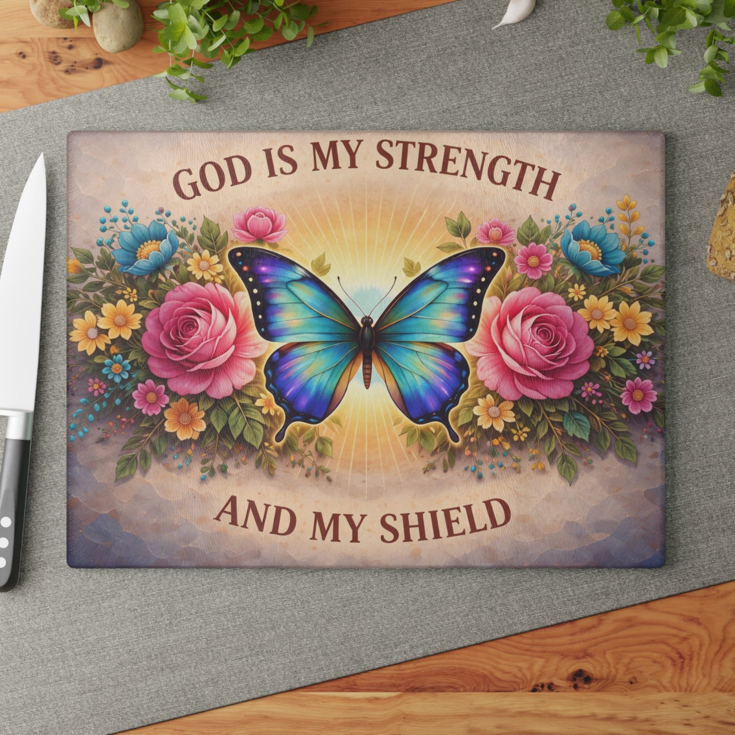 God Is My Strength Glass Cutting Board – Faith Butterfly Floral Christian Kitchen Display