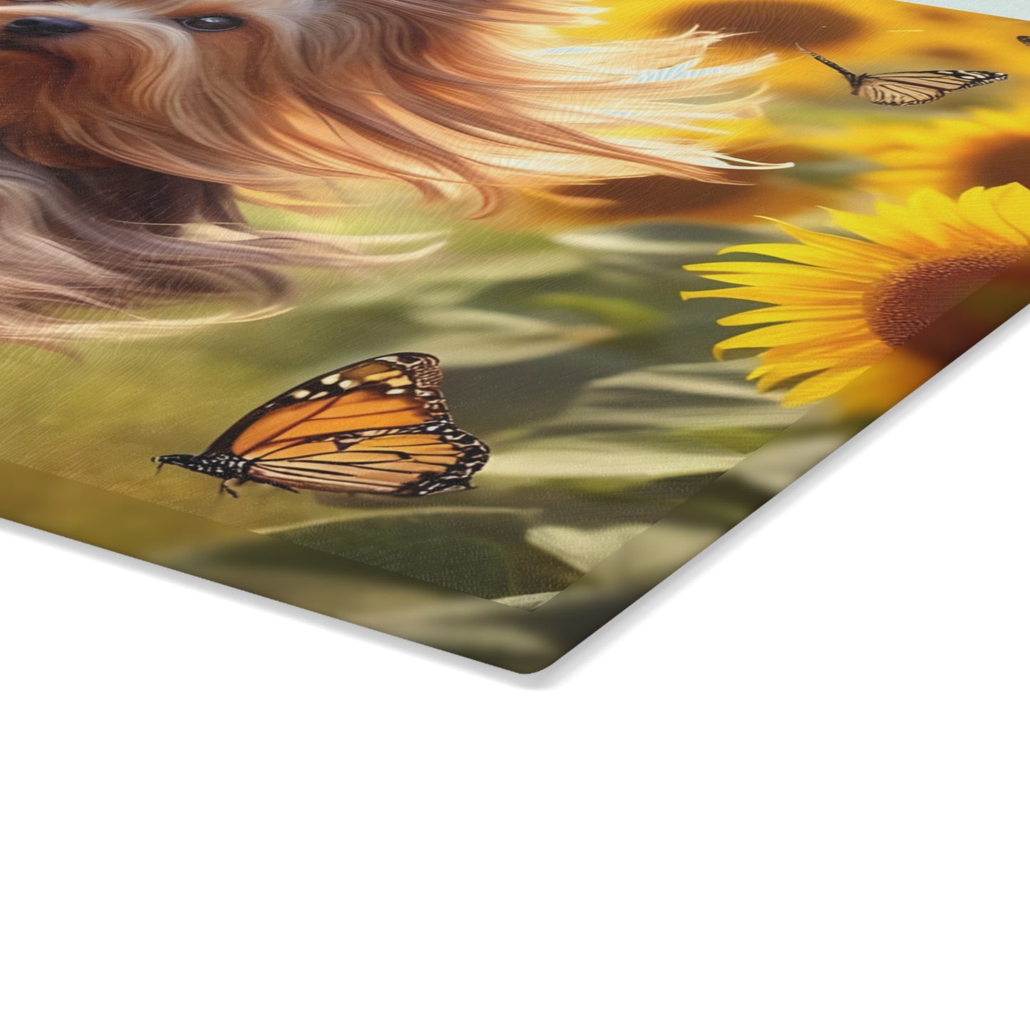 Yorkie in the Sunflowers – Tempered Glass Cutting Board