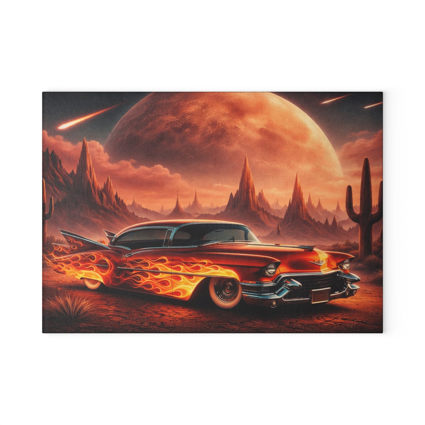 Inferno Desert Drive Glass Cutting Board – Flaming Classic Car Under Cosmic Desert Moon