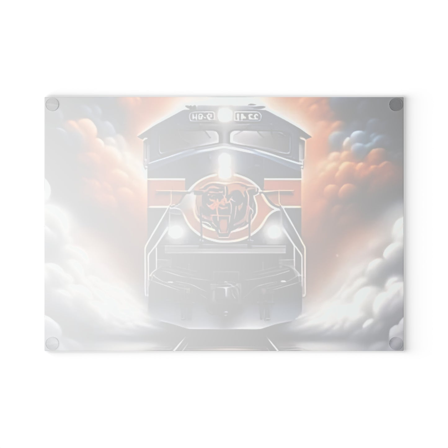 Navy & Orange Express Glass Cutting Board – Striking Train Art for Bold Kitchens