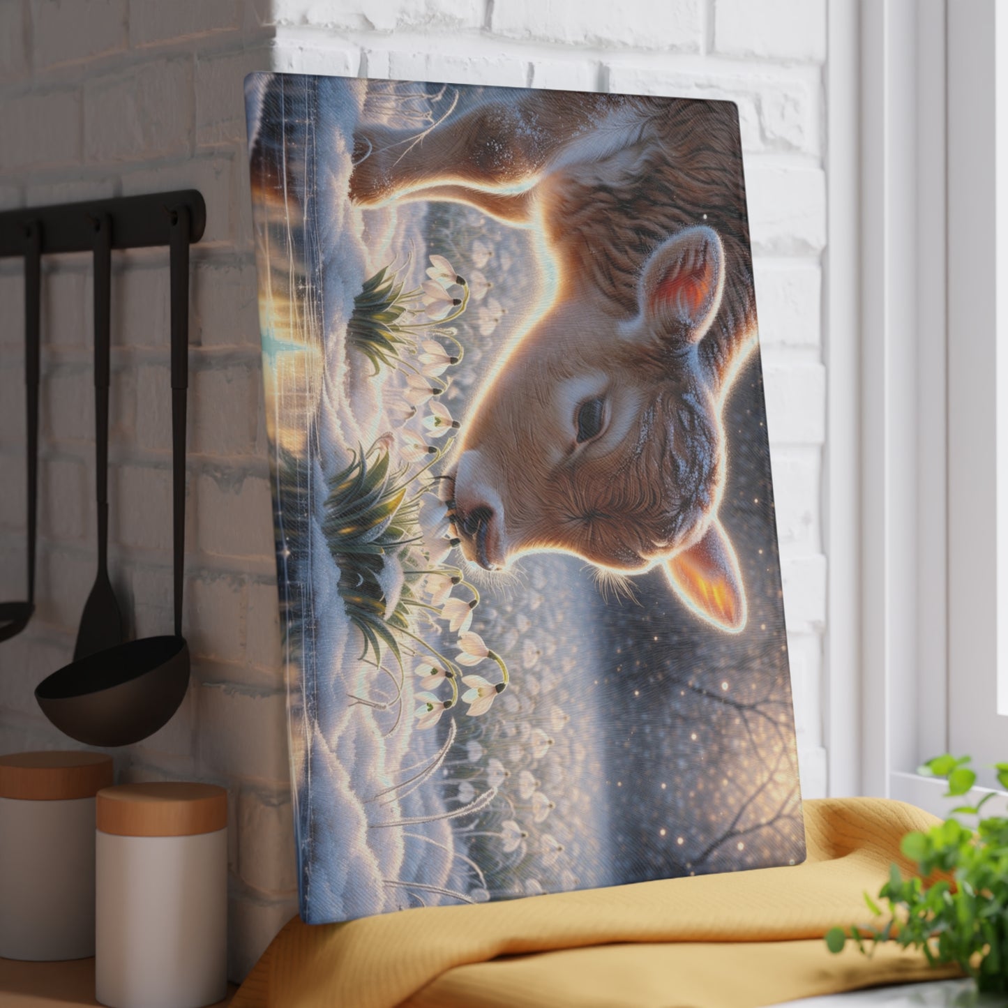Frosted Meadow Calf Glass Cutting Board – Whimsical Winter Farm Art