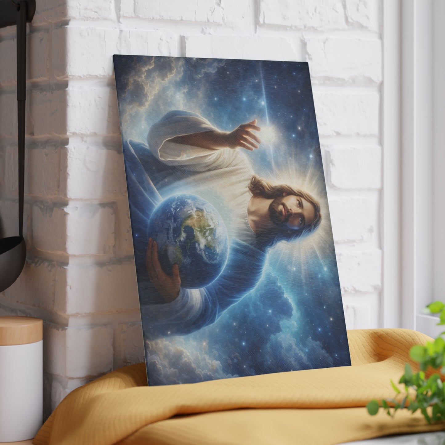 King of Creation Glass Cutting Board – Faith-Inspired Artwork Holding the World