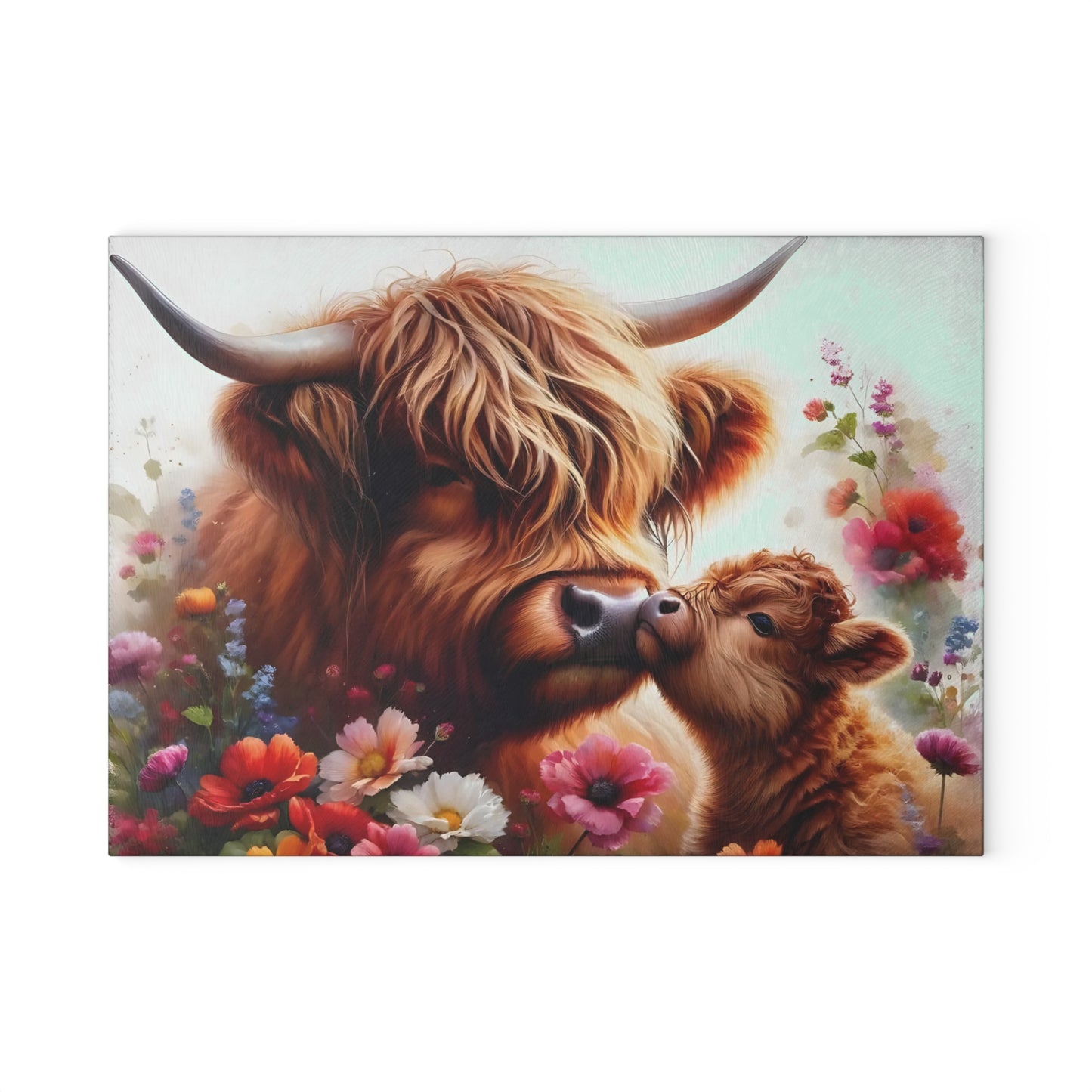 🐮🌸 Highland Cow & Calf Cutting Board – Rustic Love in Bloom 🌼❤️