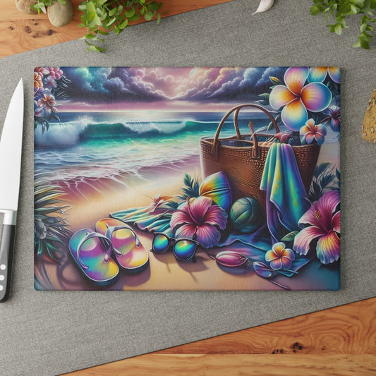 Tabla de cortar de vidrio "Día de Playa Tropical" - Decoración de cocina con ambiente veraniego, decoración costera, arte oceánico, regalo playero, tabla de cortar de vidrio, decoración de cocina tropical, aspecto pintado a mano, escena playera