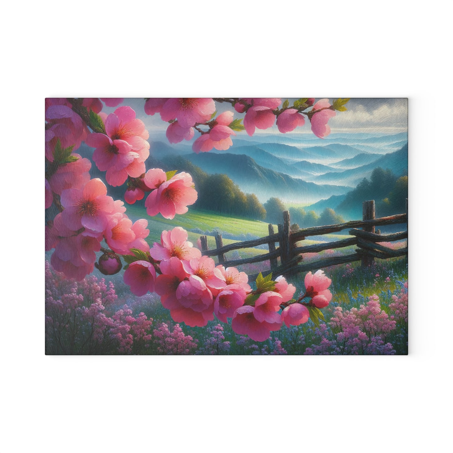 Cherry Blossom Mountain Meadow Glass Cutting Board – Spring Floral Landscape Kitchen Display