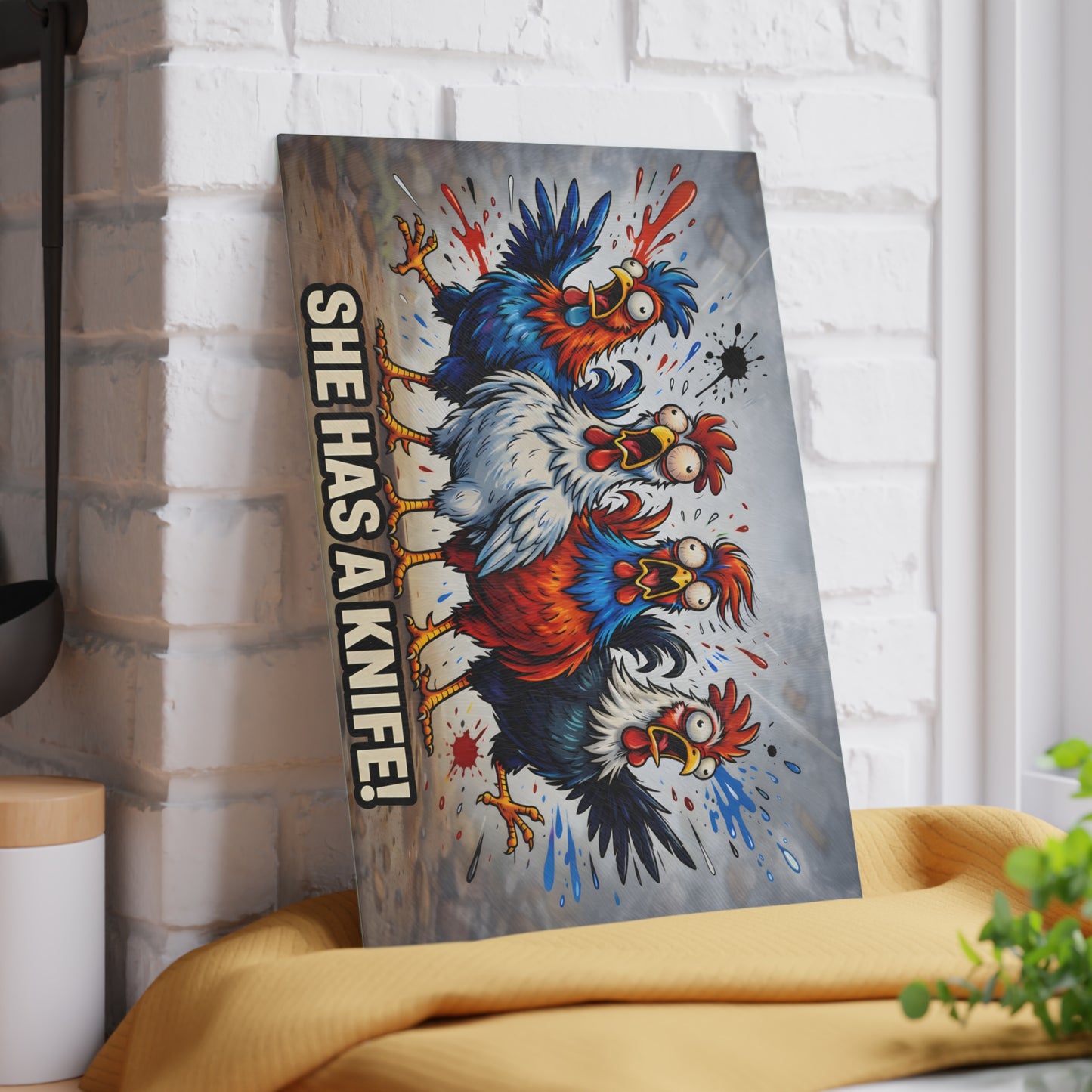 She Has a Knife! Glass Cutting Board – Bold Funny Chicken Kitchen Art