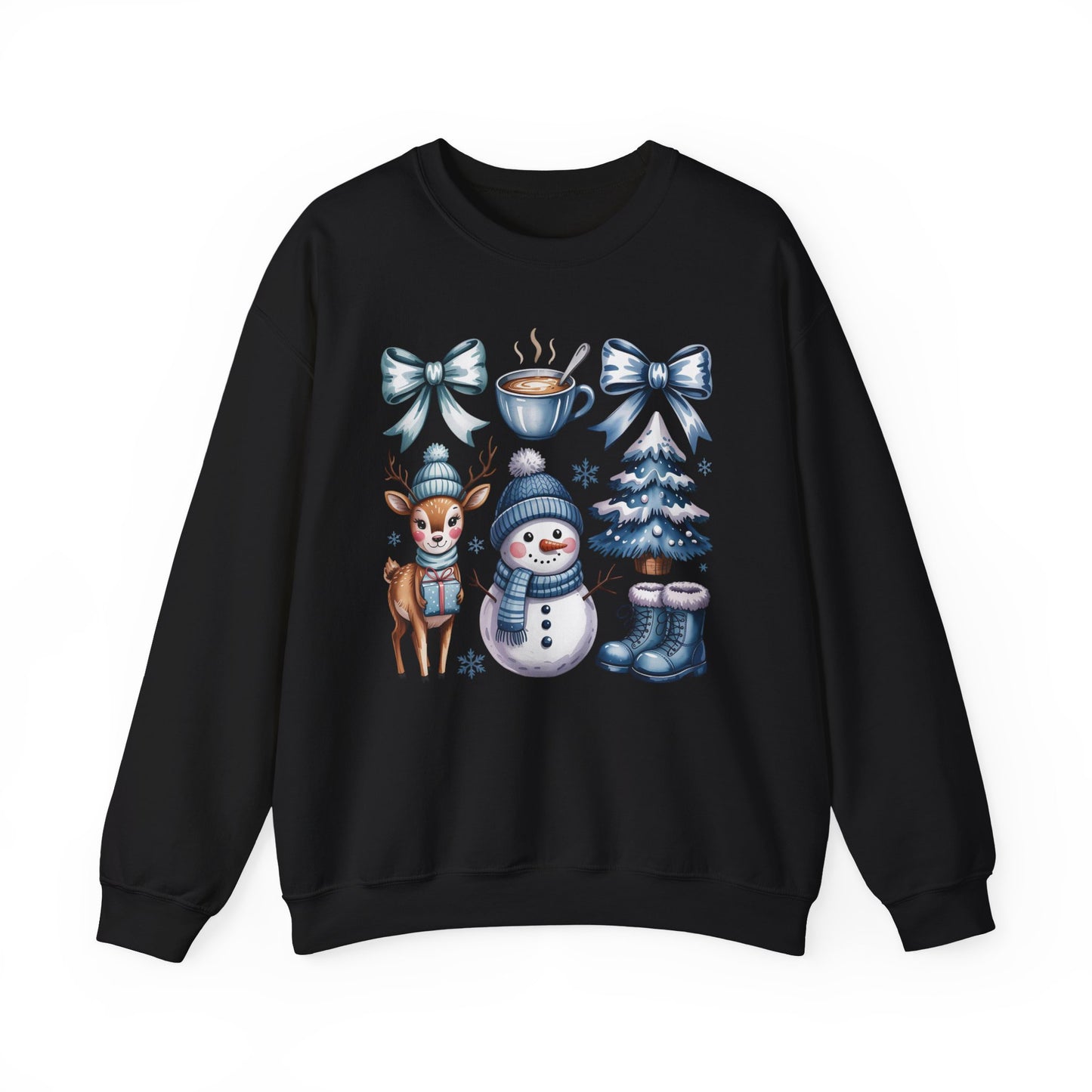 ❄️💙 Cozy Winter Vibes Crewneck – Reindeer, Snowman, Cocoa & Bows