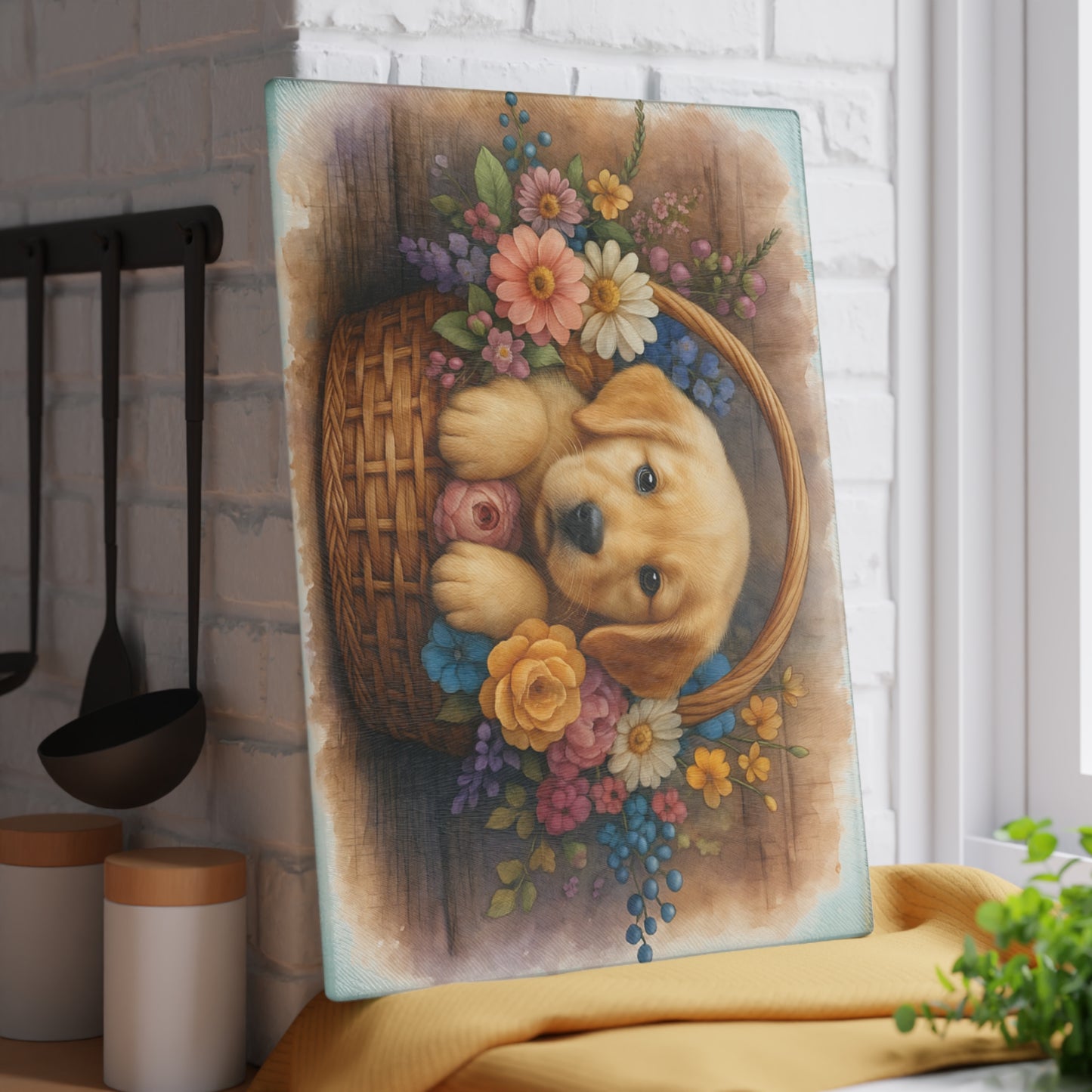🐾🌼 Golden Puppy in Basket Cutting Board – Timeless Sweetness for Your Kitchen 🌸