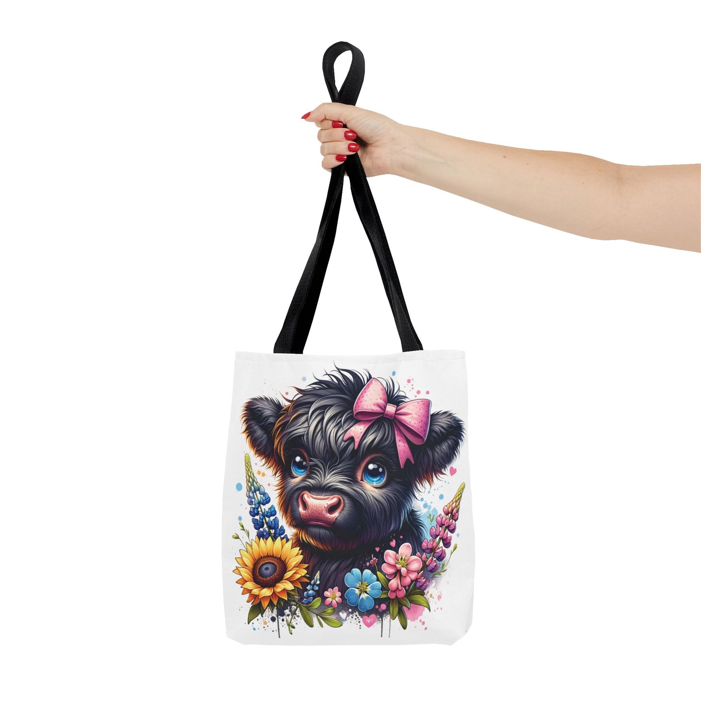 🌸 Black Highland Calf Floral Tote Bag – Sweet Style for Every Age 🐮👜